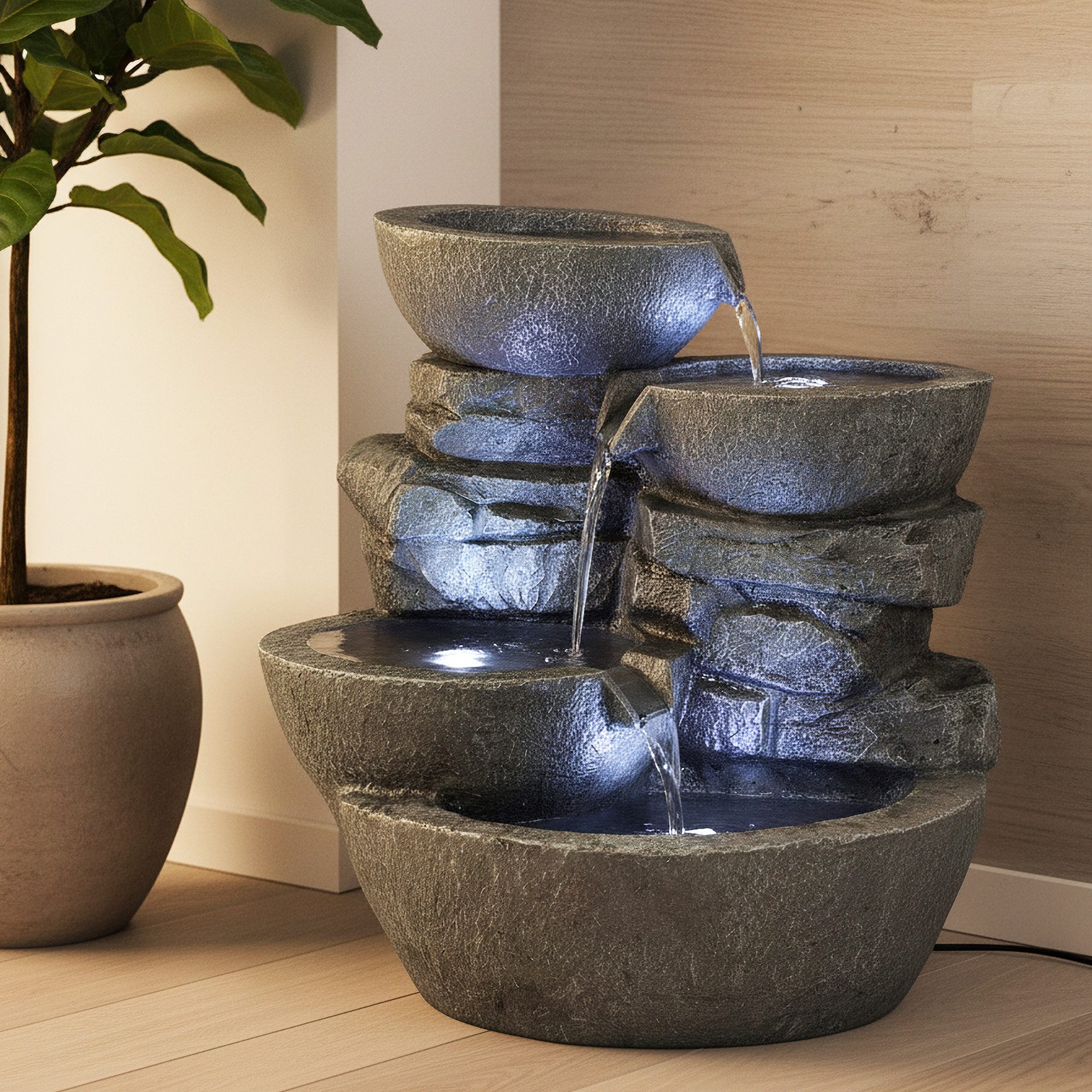 Arnusa Gartenbrunnen großer LED Springbrunnen Wasserfall 50 cm Zimmerbrunnen Wasserspiel, mit LED Beleuchtung Indoor und Outdoor