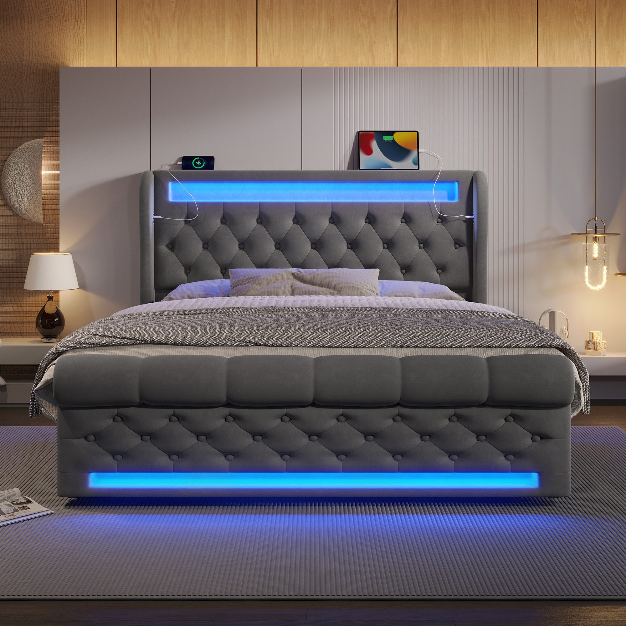 Flieks Polsterbett, Hydraulisches Stauraumbett 160x200cm mit LED Beleuchtung und USB/Typ-C