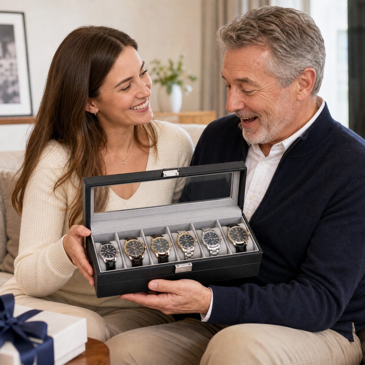 HoyoLee Handels GmbH Uhrenbox Uhrenbox für 6 Uhren, Uhrenkoffer mit Sichtfenster aus PU-Leder
