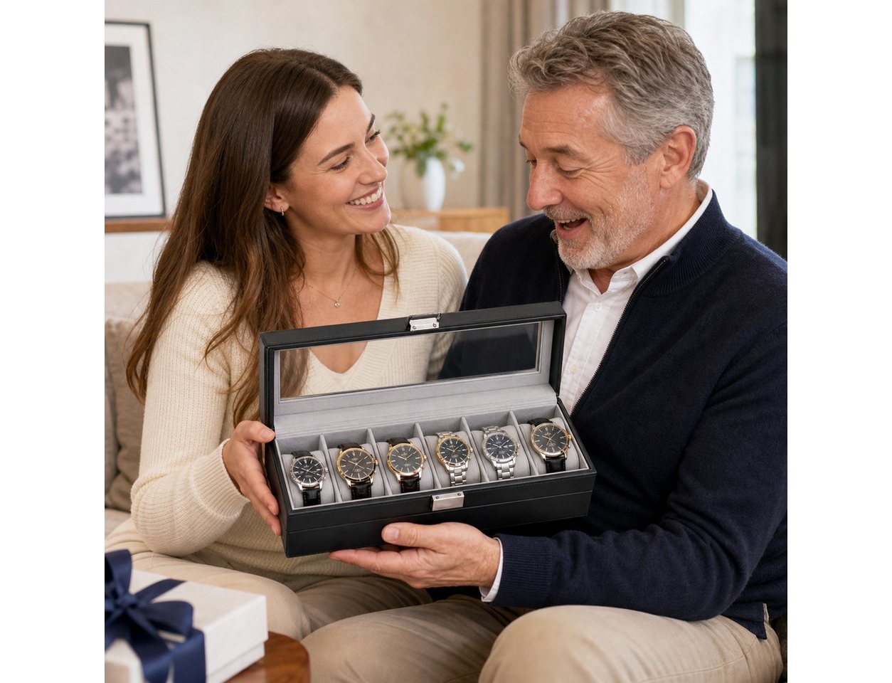 HoyoLee Handels GmbH Uhrenbox Uhrenbox für 6 Uhren, Uhrenkoffer mit Sichtfenster aus PU-Leder