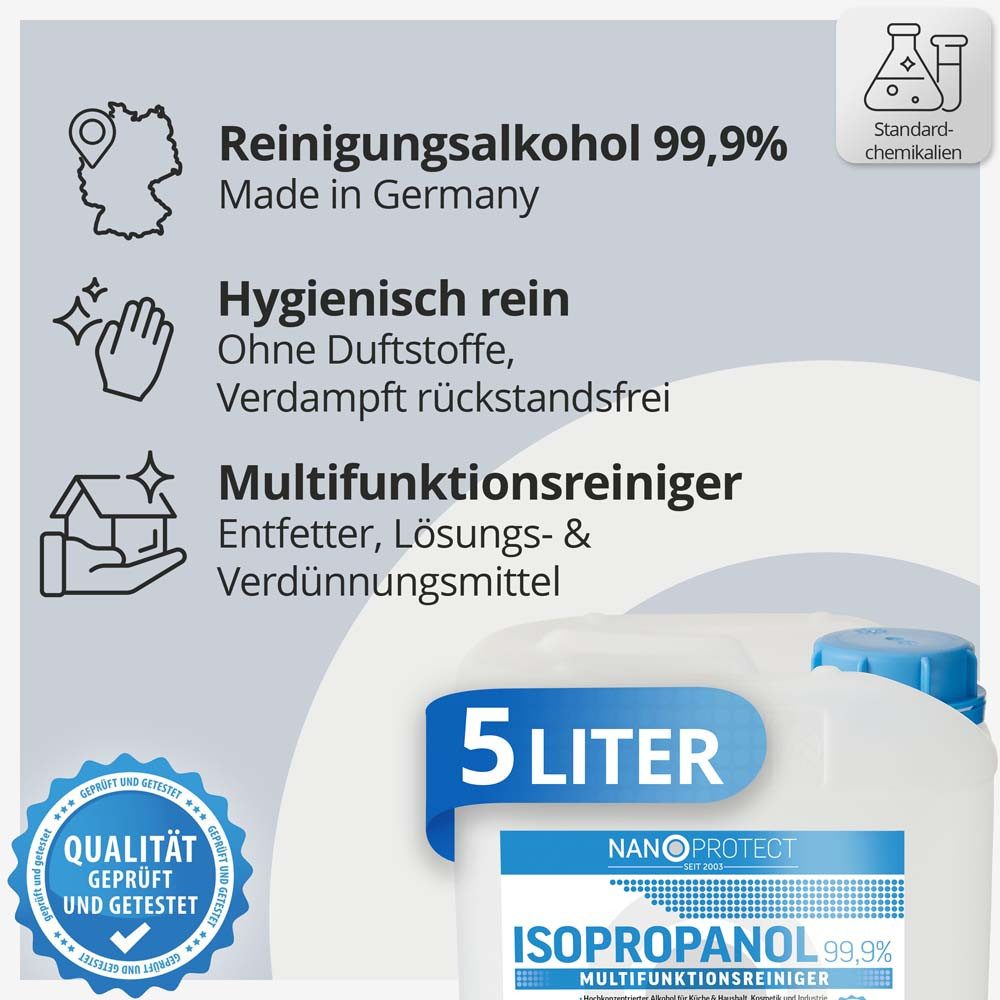 Nanoprotect Isopropanol 99,9% - 5 Liter, Hochprozentiger Isopropylalkohol Reinigungsalkohol (Großgebinde, [1-St. Premium IPA - Für Dentallabor und 3D-Drucker Made in Germany)