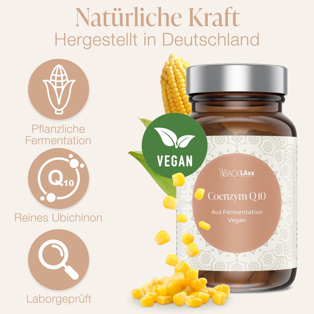 BACKLAxx® Coenzym Q10 Kapseln aus natürlicher Fermentation - 200 mg - 120 Kapseln, für 4 Monate Vorrat - geprüft & hergestellt in Deutschland