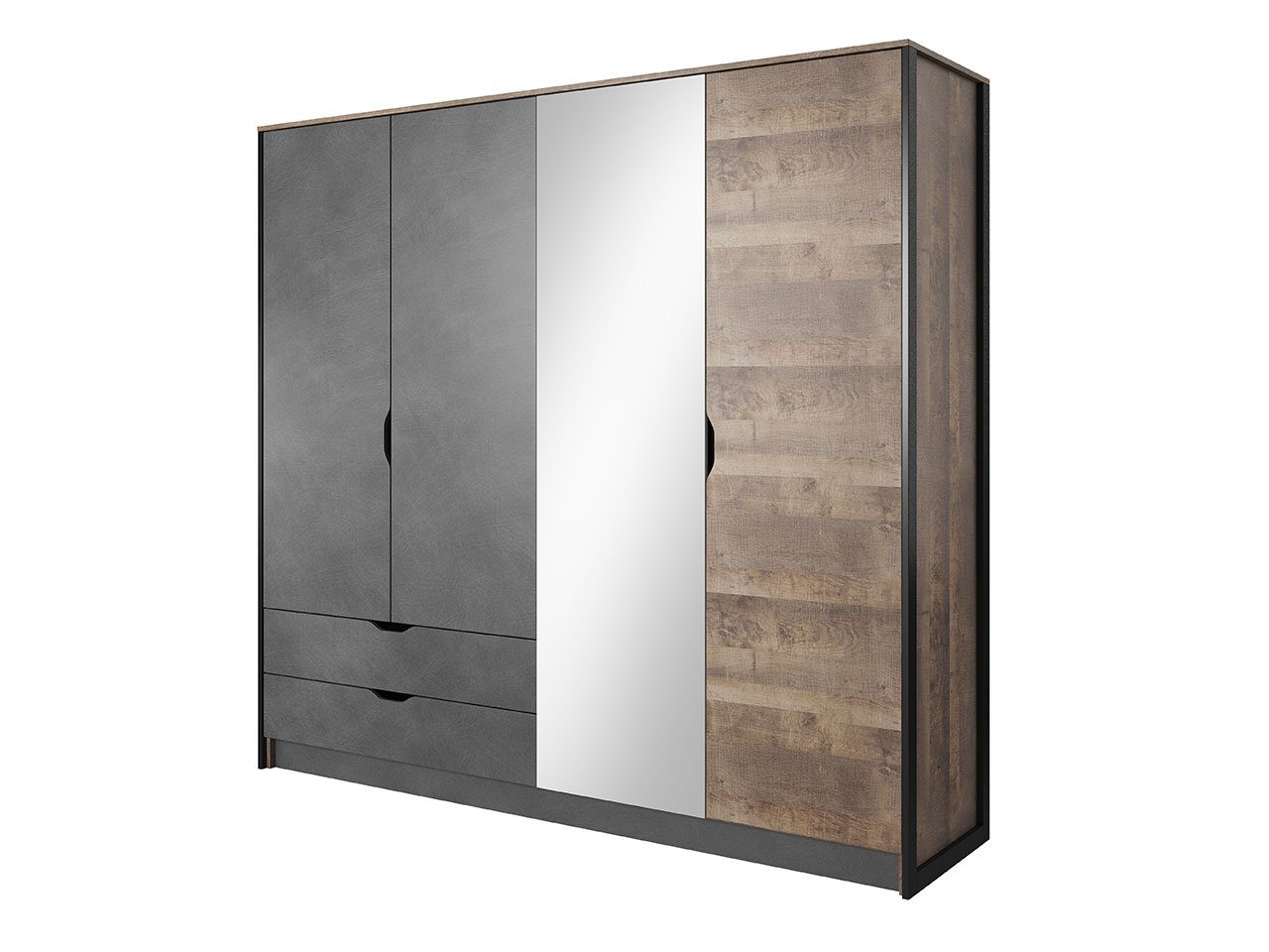 Mirjan24 Kleiderschrank 220 Arden F (mit 4 Drehtüren und 2 Schubladen) zwei  Kleiderstangen, Spiegel, 220x56x204 cm