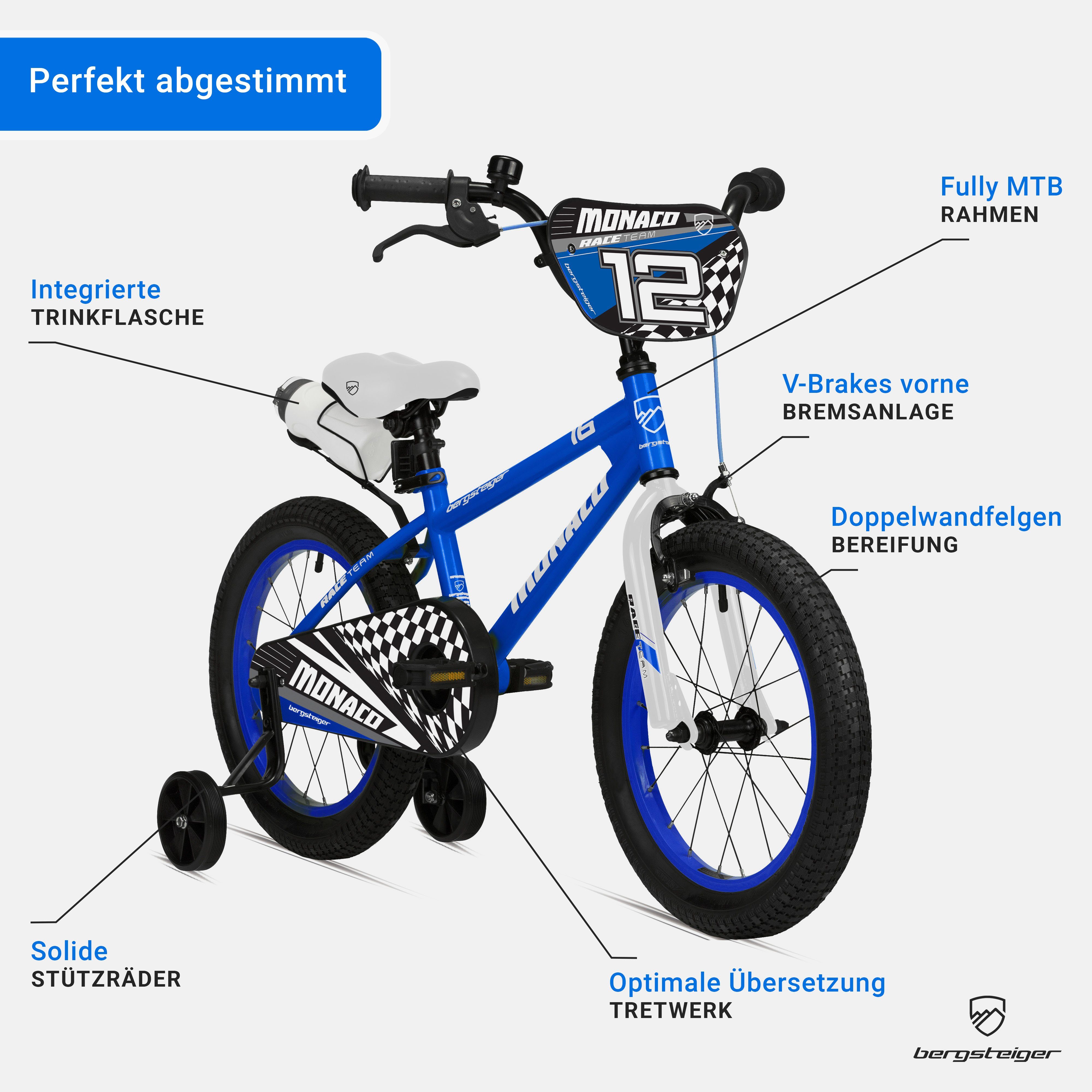 bergsteiger Kinderfahrrad Monaco 12 Zoll, geeignet für 3 und 4 Jahre, BMX, 1 Gang, V-Brakes, Trinkflasche – Bild 5 von 5