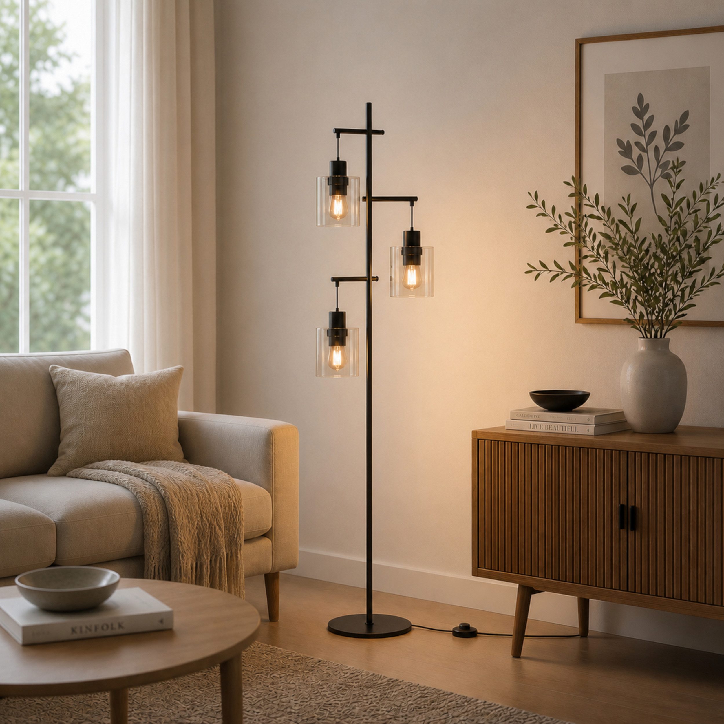 Lightbox Stehlampe, ohne Leuchtmittel, Stehlampe, 152,2 cm Höhe, Ø 46 cm, 3 x E27, max. 52 W, Metall/Glas