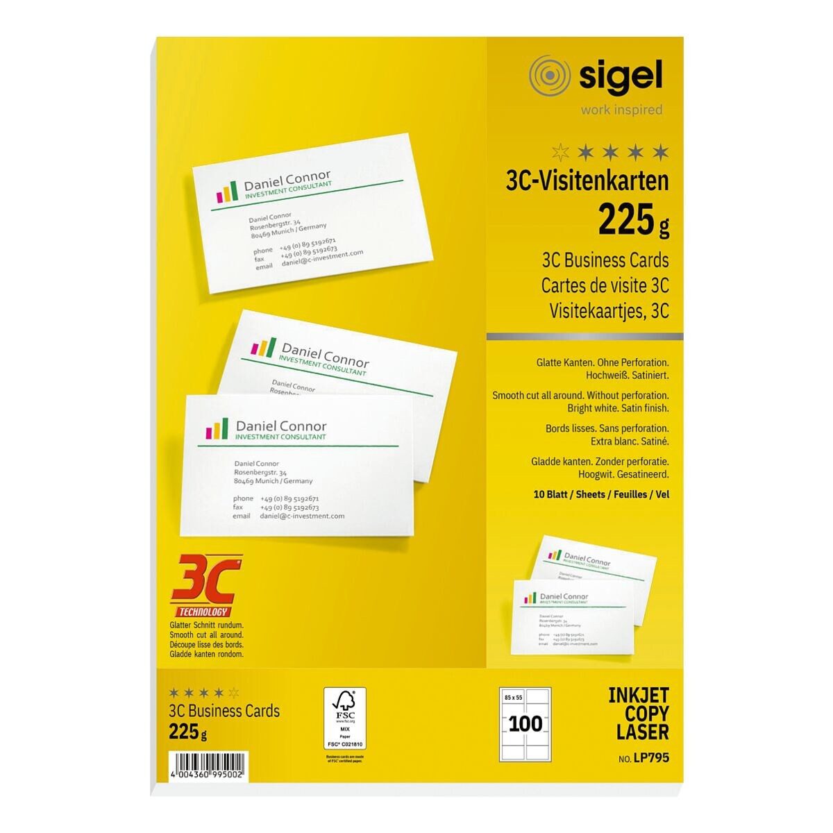 Sigel Visitenkarten LP795, hochweiß, ohne Perforation, 225 g/m²