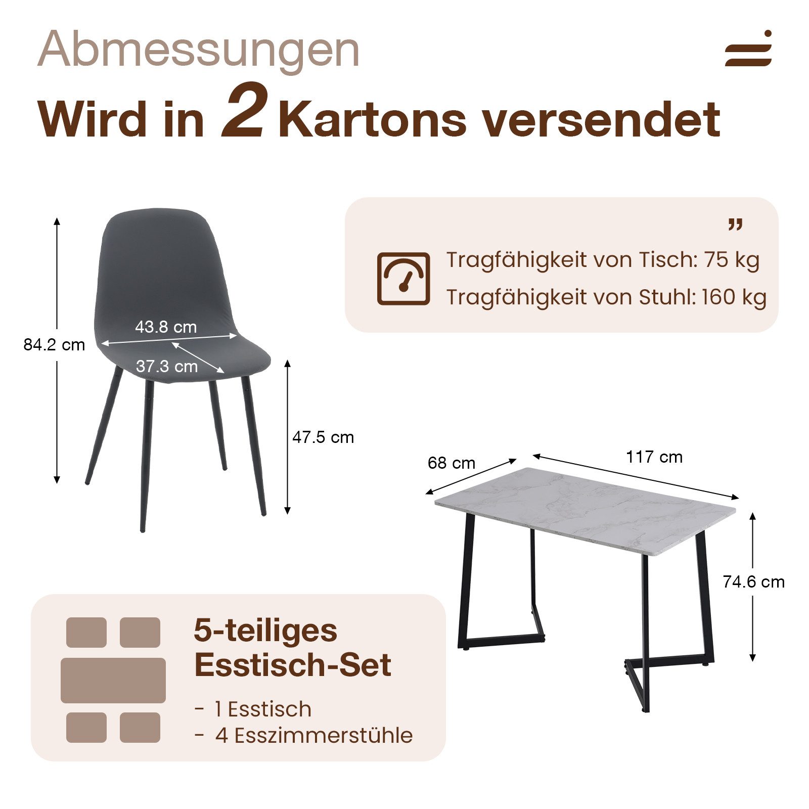 JOIVI Esstisch 5-Teiliges Esstisch Set mit 4 Stühle (Beine aus Metall, mit günstig online kaufen