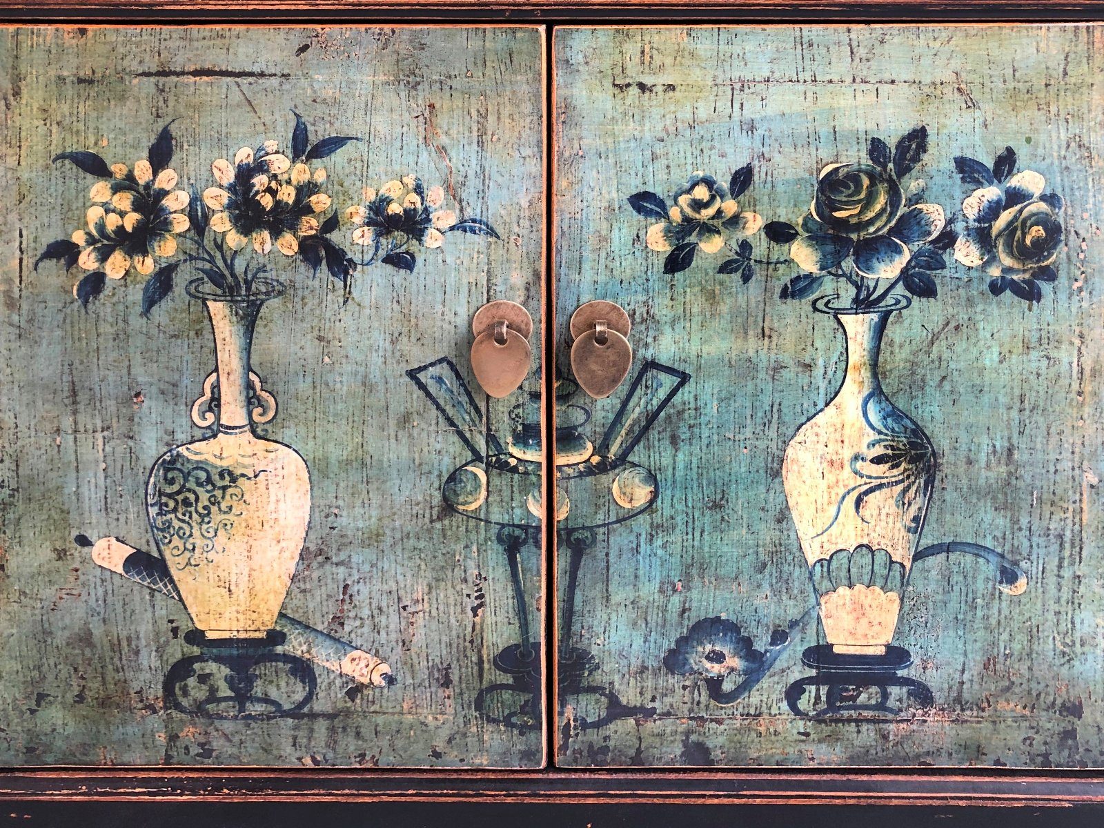 OPIUM OUTLET Sideboard Kommode Vintage Möbel mit authentischen Motiven (Asia Asiatisch Chinesisch Orientalisch Antik-Stil shabby-chic, aus Holz, Schrank Hochzeitsschrank Anrichte Büffet Vitrine), B x T x H: 170 x 45 x 85 cm, komplett montiert