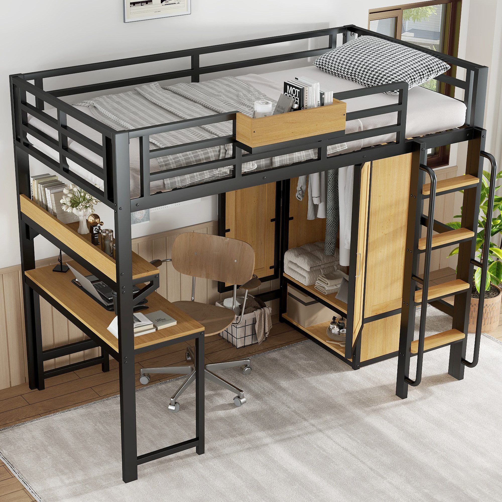 Odikalo Hochbett 90x200 Metallbett mit Schreibtisch & Kleiderschrank (Eisen günstig online kaufen