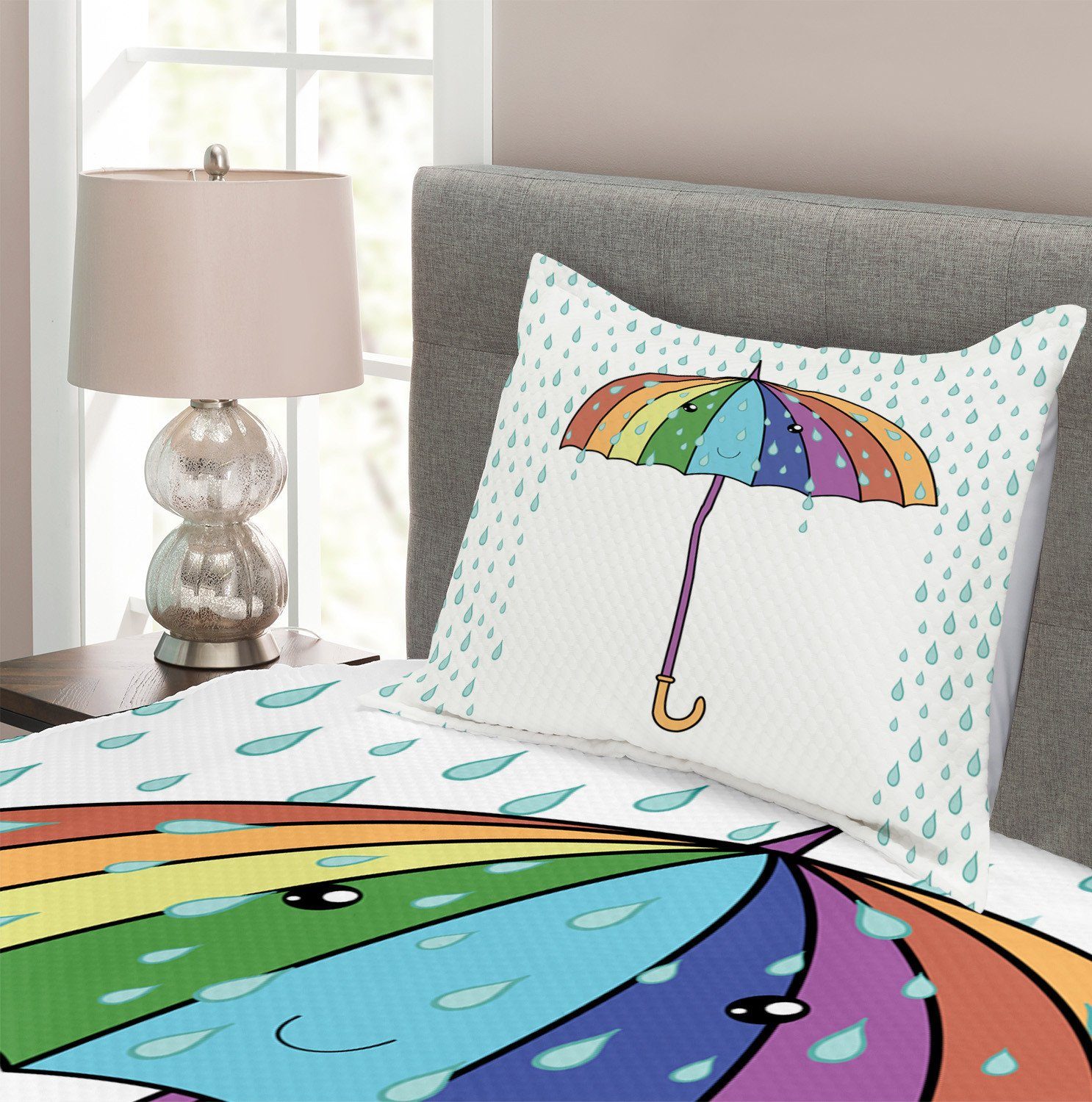 Abakuhaus, Regen Set Waschbar, mit Kissenbezügen Regen Tagesdecke Karikatur-Regenschirm