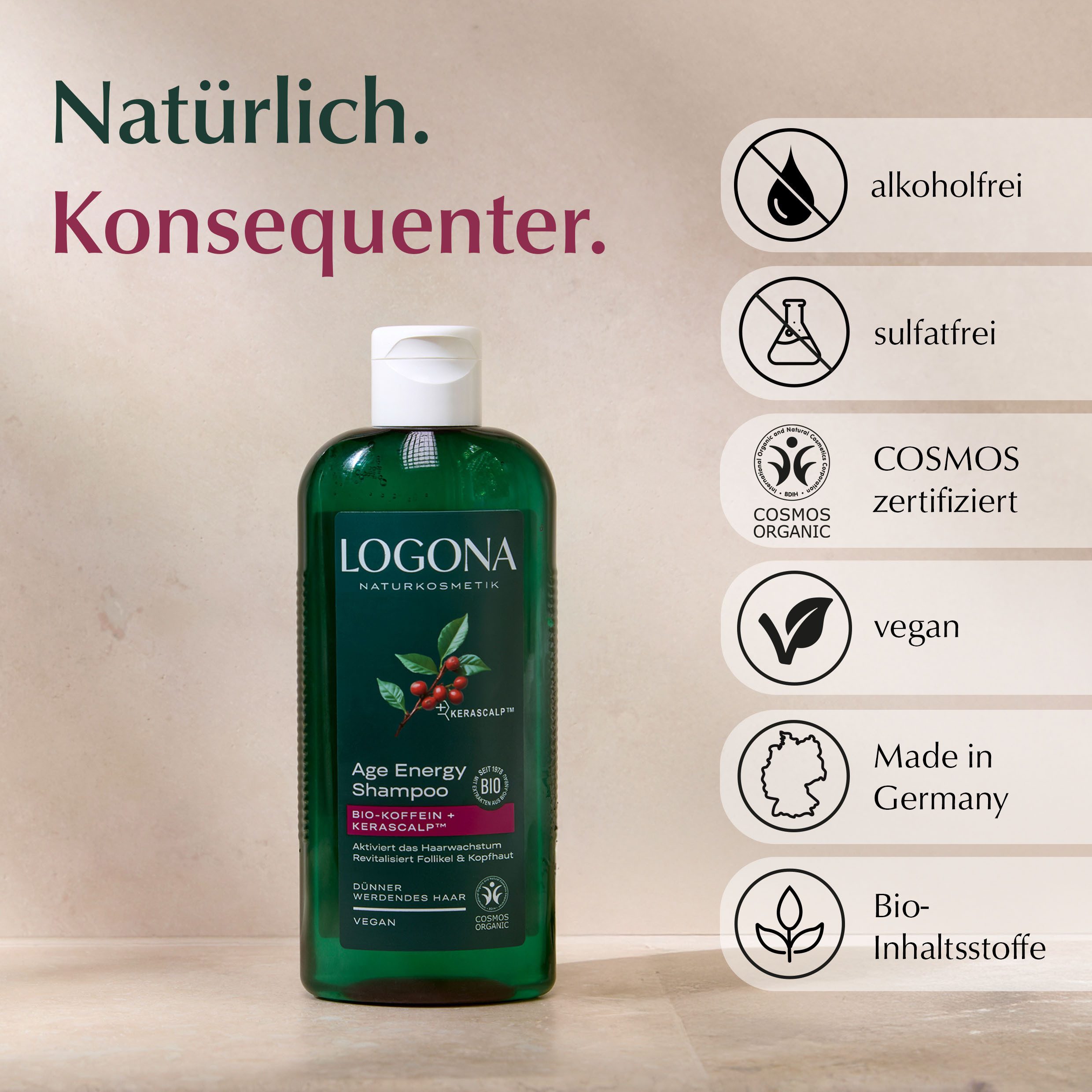 LOGONA Haarshampoo AGE ENERGY SHAMPOO, für alle Haartypen, vegane Formel, mit pflanzenbasierter Pflegebasis – Bild 3 von 5