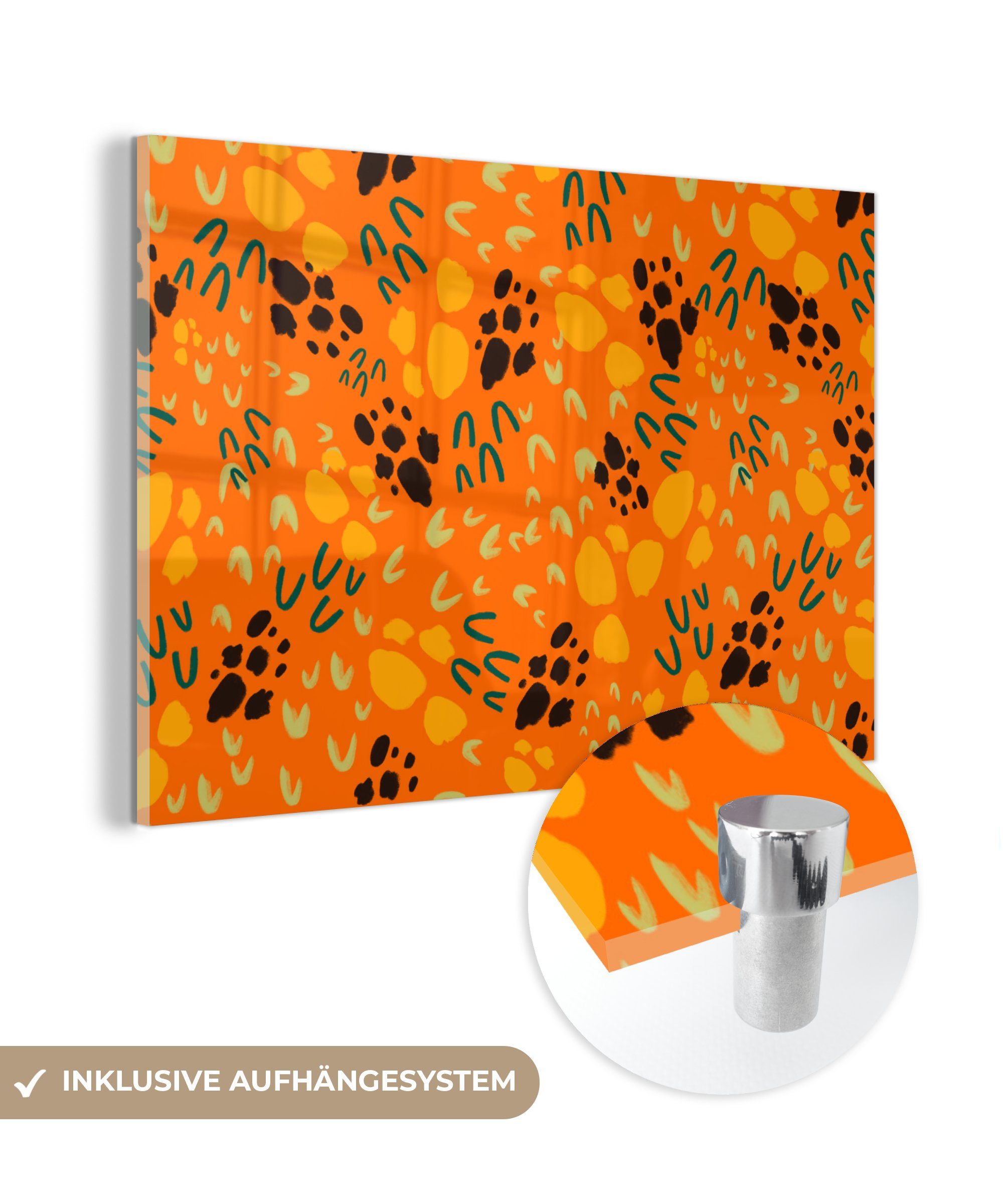 MuchoWow Acrylglasbild Sporen - Orange - Muster, (1 St), Glasbilder - Bilder auf Glas Wandbild - Foto auf Glas - Wanddekoration