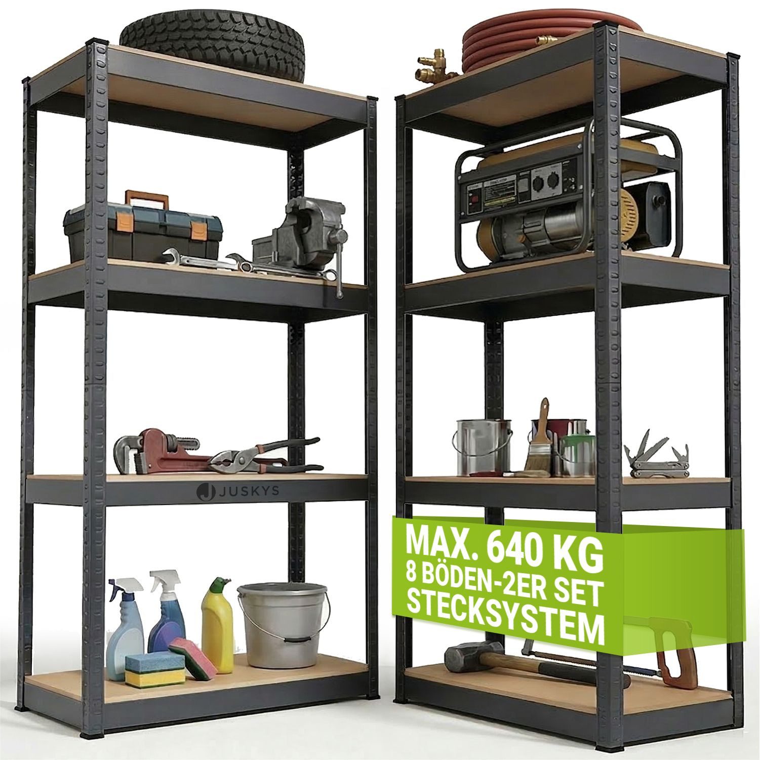 Juskys Schwerlastregal Easy, Set, 2er Set, 640 kg Traglast, 8 Böden, individueller Aufbau