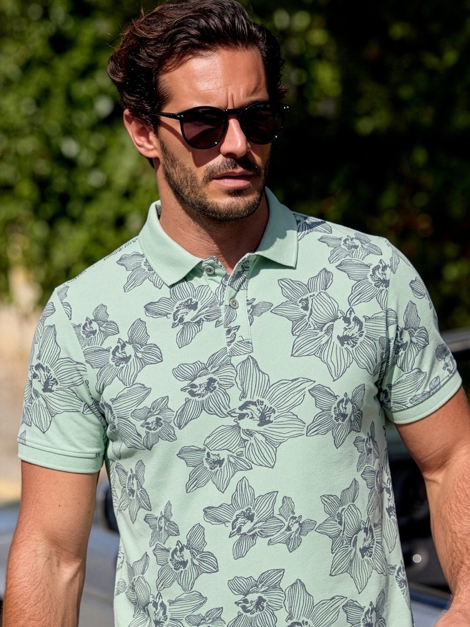 LERROS Poloshirt Poloshirt mit floralem Allover-Print und Flachstrickkragen