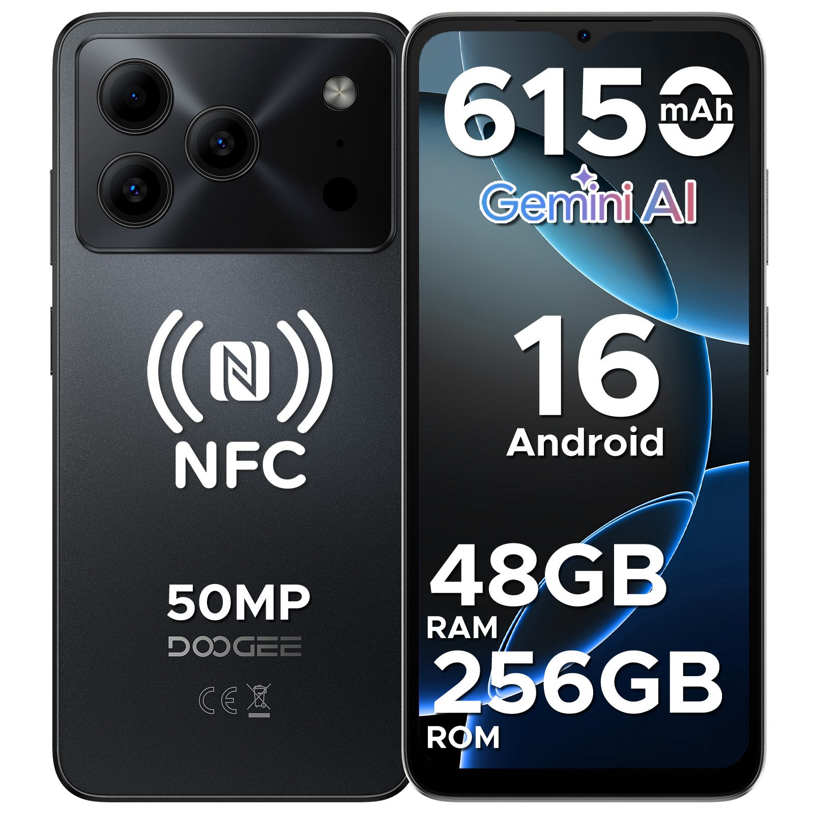 DOOGEE NOTE 56 PLUS Android 16 Handy, 48GB RAM (6 + 42GB)+256GB 6.56" HD+ Smartphone (16,6 cm/6,56 Zoll, 256 GB Speicherplatz, 50 MP Kamera, 50MP AI Kamera, 6150mAh Akku, 90Hz Display, NFC & Fingerabdruck)