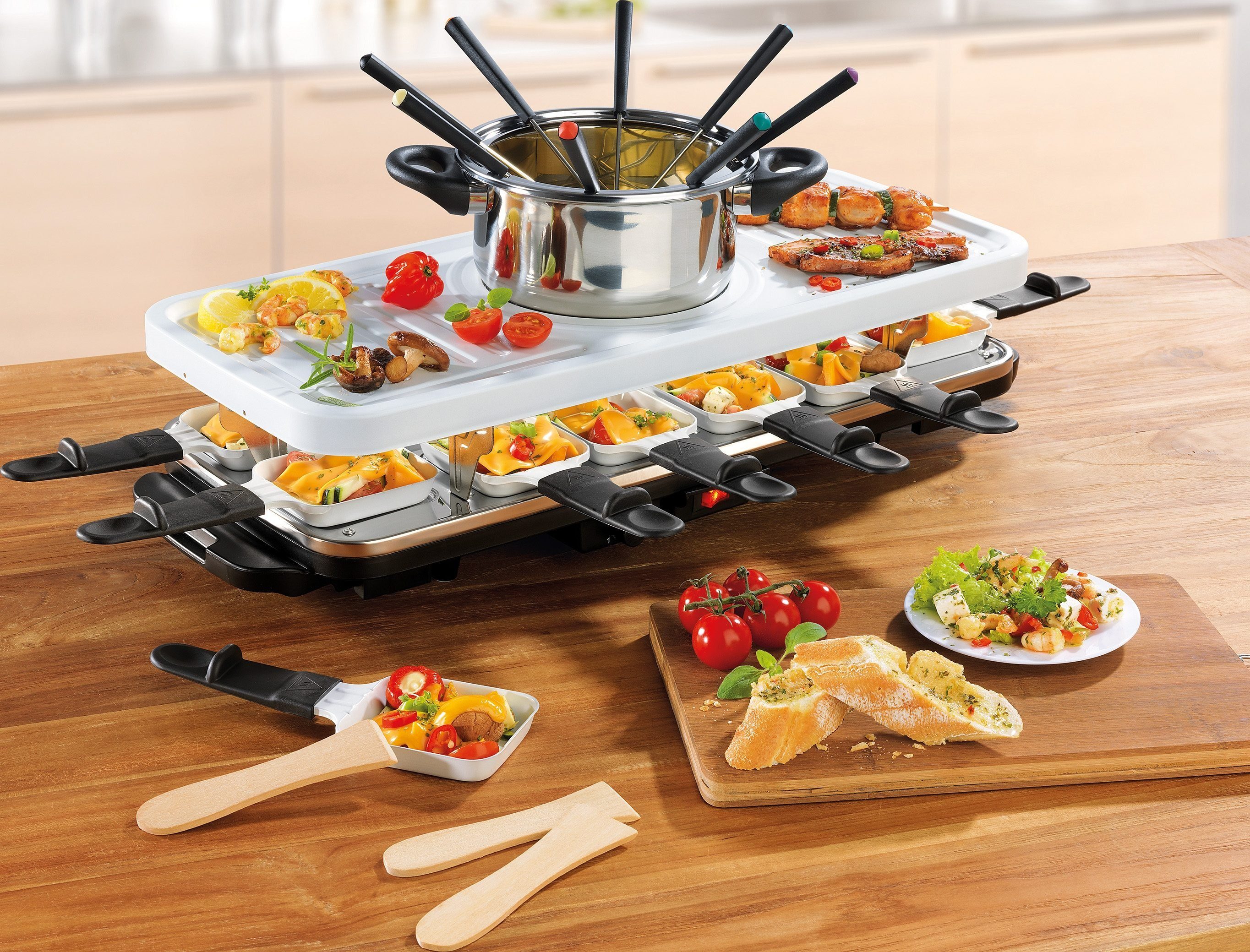 GOURMETmaxx Raclette und Fondue-Set Raclette- und 12 Raclettepfännchen, 1600 W Set, Fondue