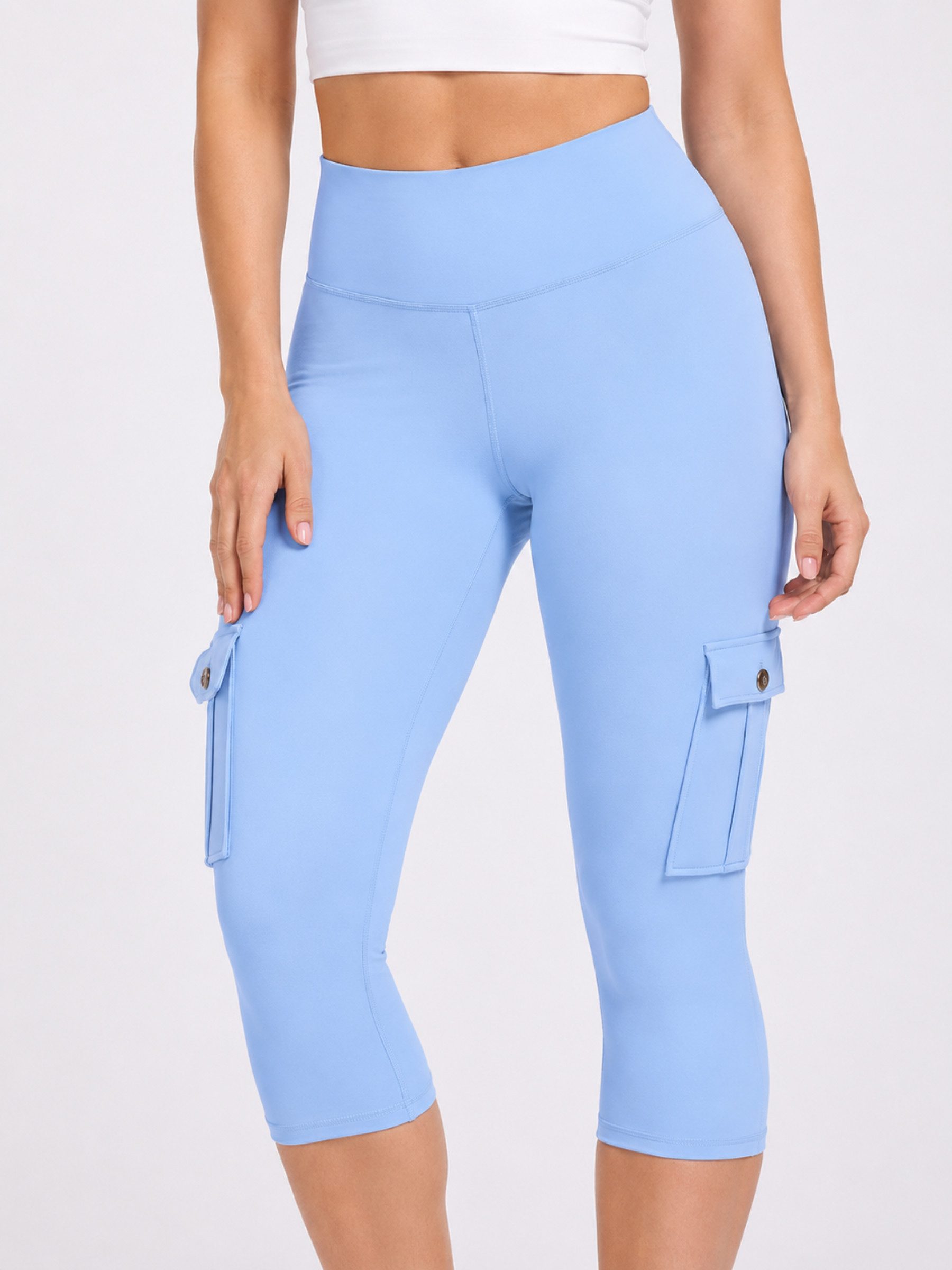FemmeTone Caprileggings High Waist Sport-Leggings Damen – Yoga & Workout Stretch-Leggings Cargo-Capri-Leggings mit Handy-Taschen – 3/4 Sport Tights