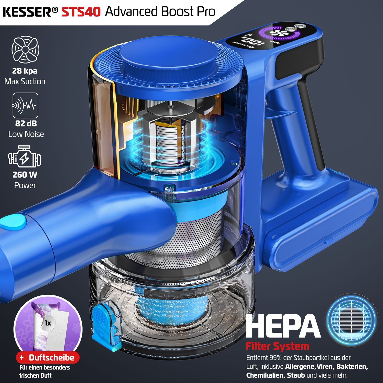 KESSER Akku-Hand-und Stielstaubsauger Stabstaubsauger mit Anti-Tangle-Bodenbürste für Hartböden Teppich, Hepa-Filter, beutellos, Handstaubsauger bis 60 Min. Akku Staubsauger beutellos mit LED