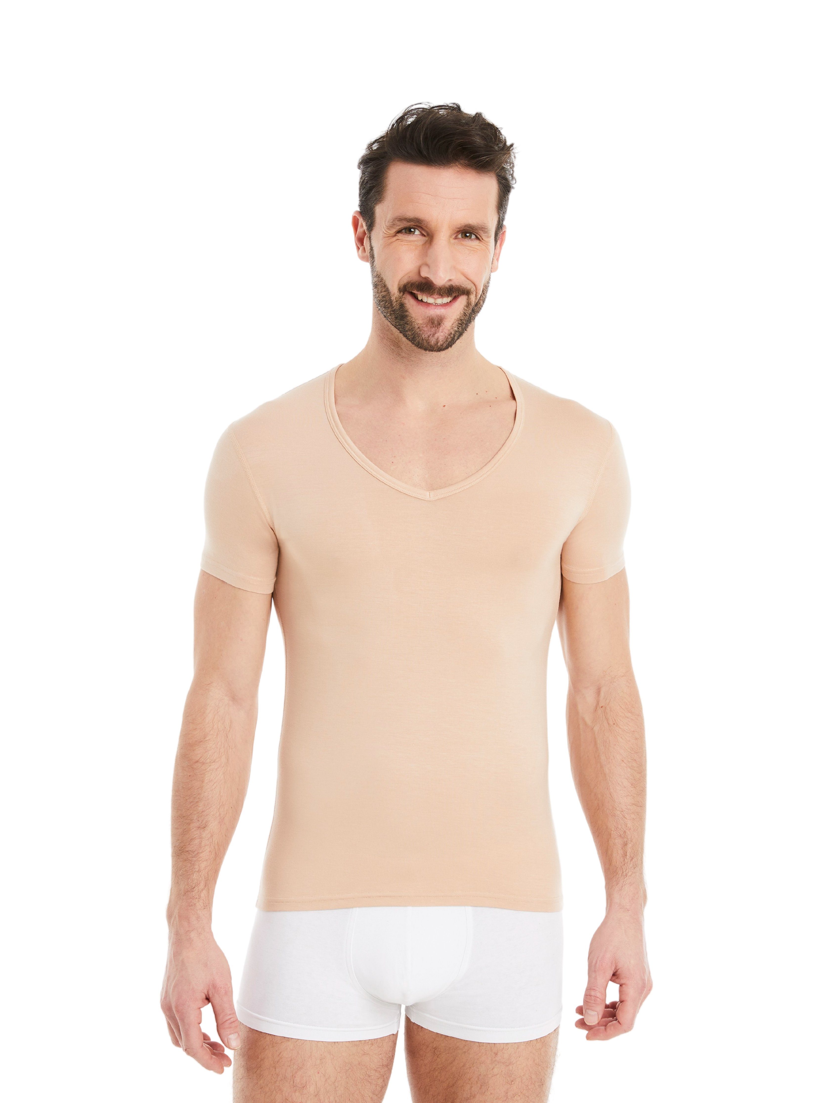 V-Ausschnitt Micro-Modal maximaler Design Unterhemd Kurzarm Business Stoff, Unterhemd Tragekomfort FINN feiner Light-Beige Herren