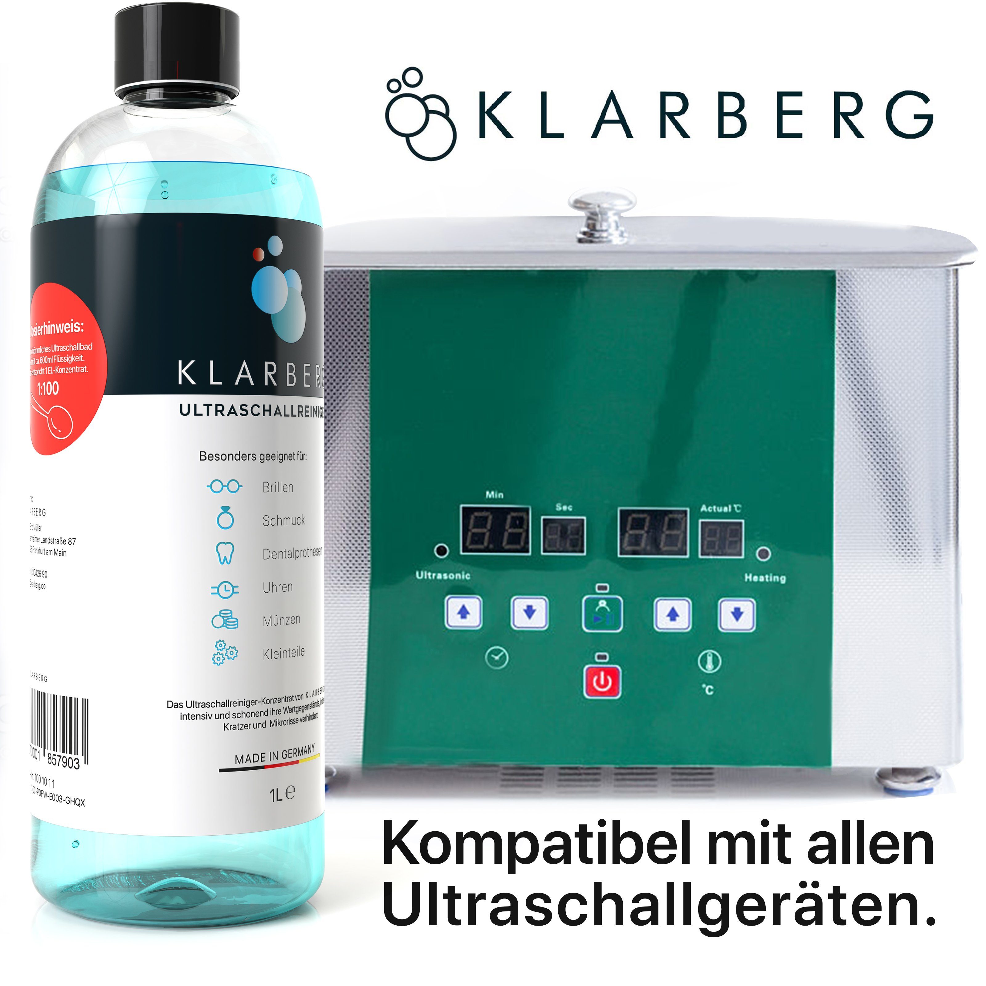 Klarberg Ultraschallreiniger Konzentrat für Ultraschallreiniger, Reinigung von Brillen, Schmuck, Zahnersatz, Uhren im Ultraschallbad