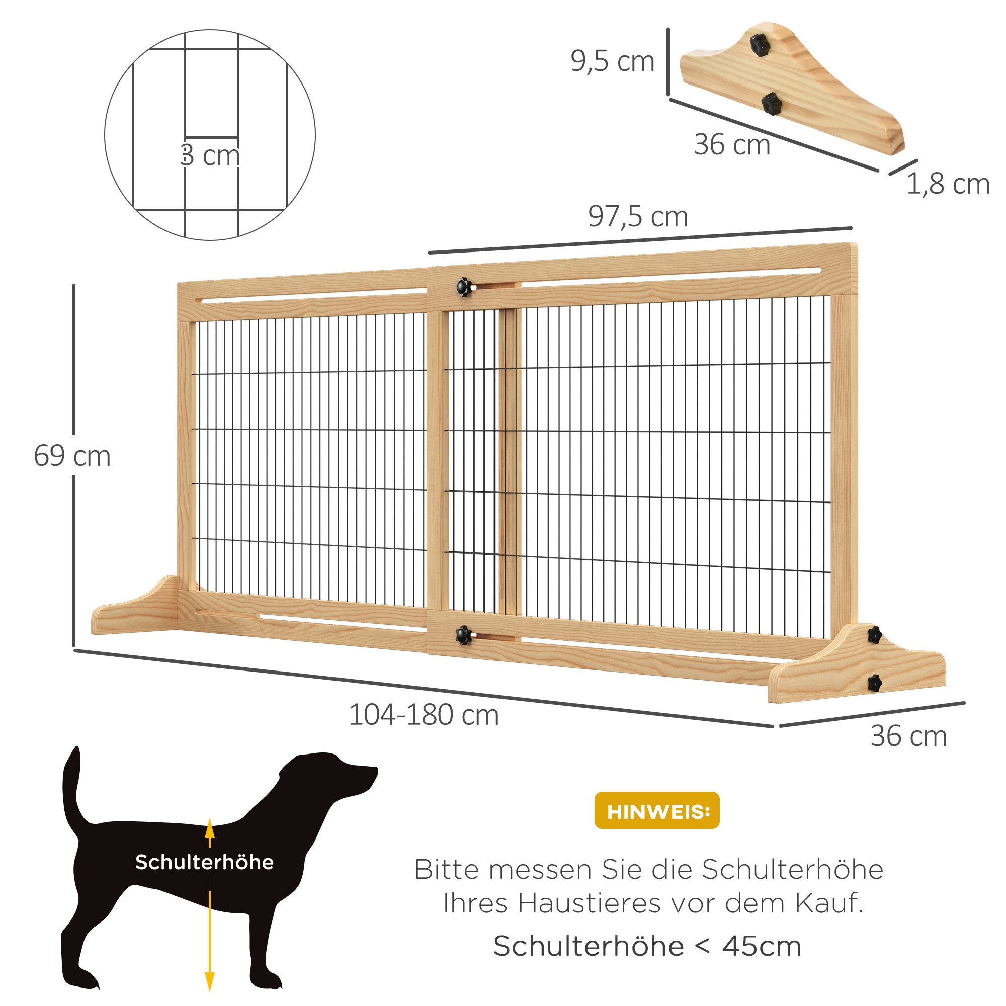 PawHut Hundegitter Hunde Absperrgitter aus Holz mit Fußstütze (Schutzgitter, 1 St., Kamingitter), für Ofen, Naturholz, 104-180 x 36 x 69 cm