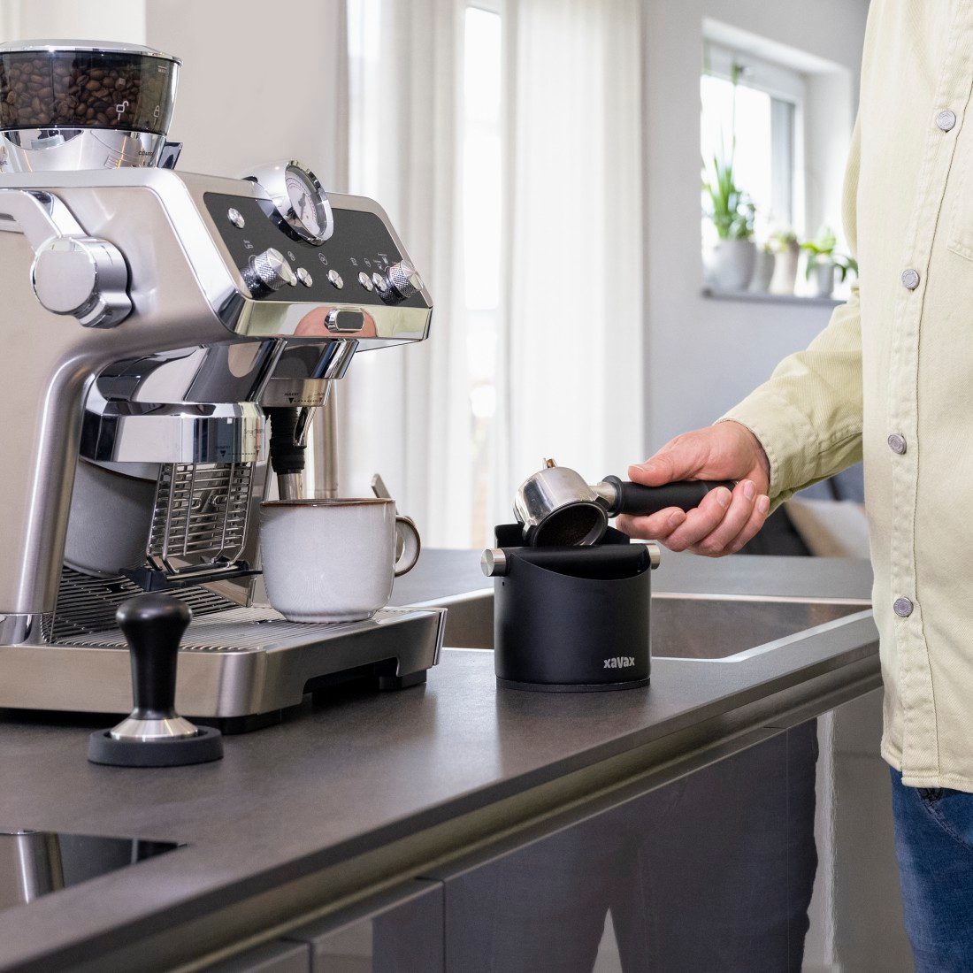 Xavax Auffangbehälter Abklopfbehälter für Kaffeesatz (Behälter geräuscharm, für Siebträger), Edelstahl, (2-tlg), Anti-Rutsch-Beschichtung, schnell sauber ohne Auskratzen