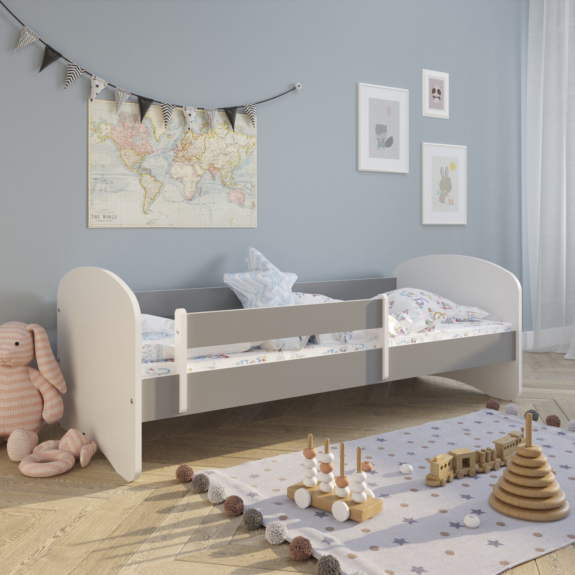 Bett Skandi, 140x70, 80x160 Lattenrost, 80x180 mit Mädchen 70x140 Rausfallschutz und grau, optional Schublade Kinderbett Jungen Kids Collective Matratze,