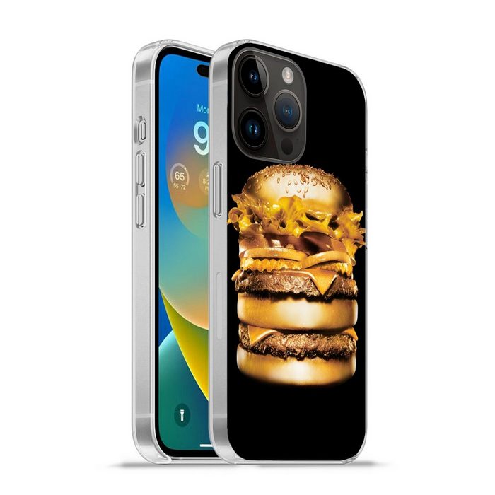 MuchoWow Handyhülle Goldener Hamburger auf schwarzem Hintergrund. Handyhülle Telefonhülle Apple iPhone 14 Pro Max