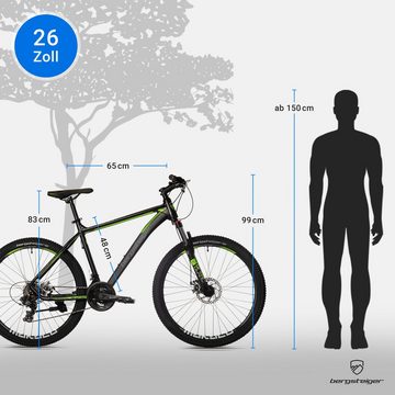 bergsteiger Mountainbike Makalu 26 Zoll Mountainbike Aluminium, geeignet ab 150 cm, 21 Gang Shimano Tourney RD-TY300 Schaltwerk, Kettenschaltung