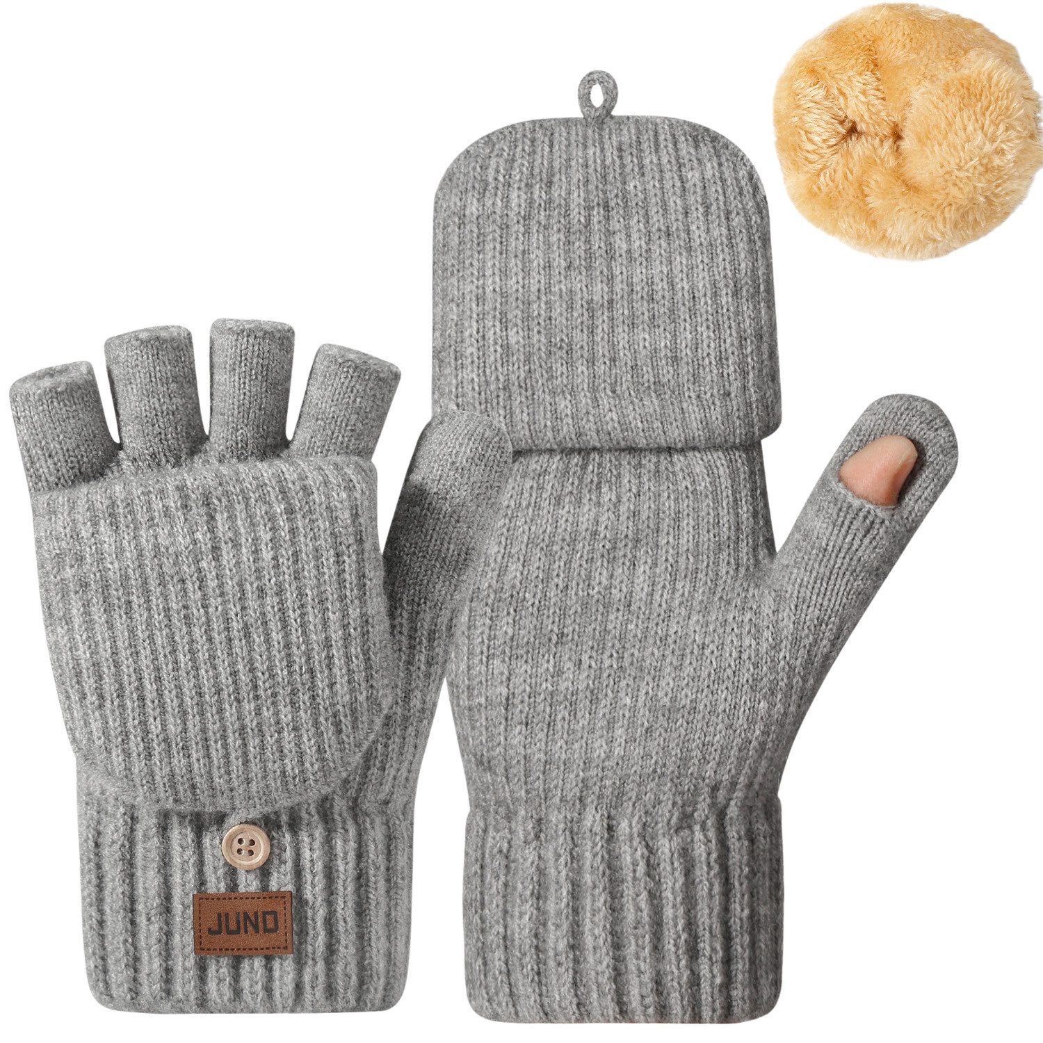 Refttenw Strickhandschuhe Fingerlose Handschuhe mit Klappe, Dickes, Flauschiges Futter Winddicht & Wärmend