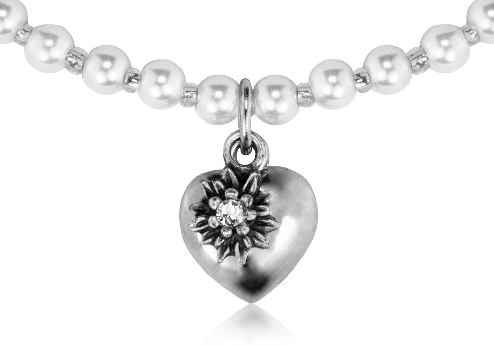 LUISIA® Perlenkette Kinder Halskette "Luna" mit Herz, Edelweiß und Kristallen von Swarovski® - Mädchen Dirndl Trachten Schmuck (1-tlg., inkl. Schmuckbox)