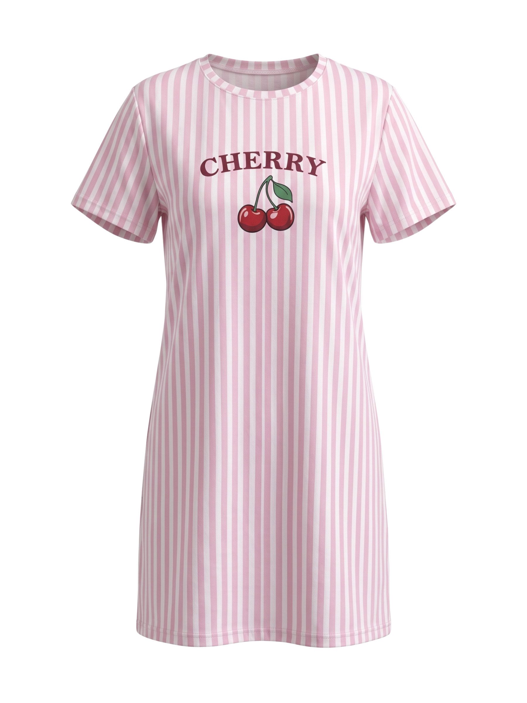Elegant Love Nachthemd Nachtwäsche mit Buchstabenprint – Bequeme Damen-Schlafbekleidung Leichte Loungewear mit Streifendesign & Kirschprint, Sommer-Schlafmode – Bild 2 von 5
