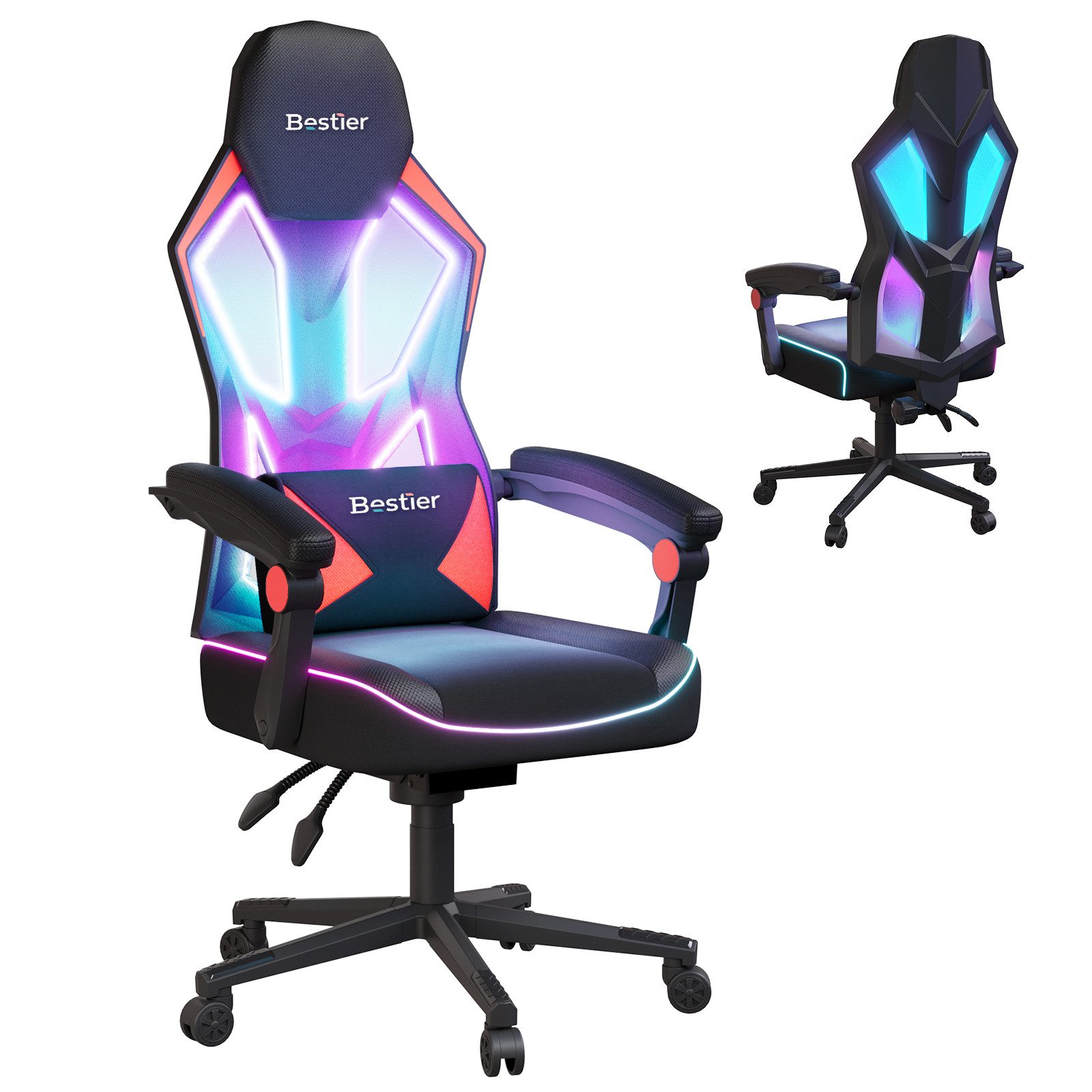 Bestier Gaming-Stuhl Gaming-Stuhl mit LED-Lichtleiste und verstellbarer Lendenwirbelstütze.