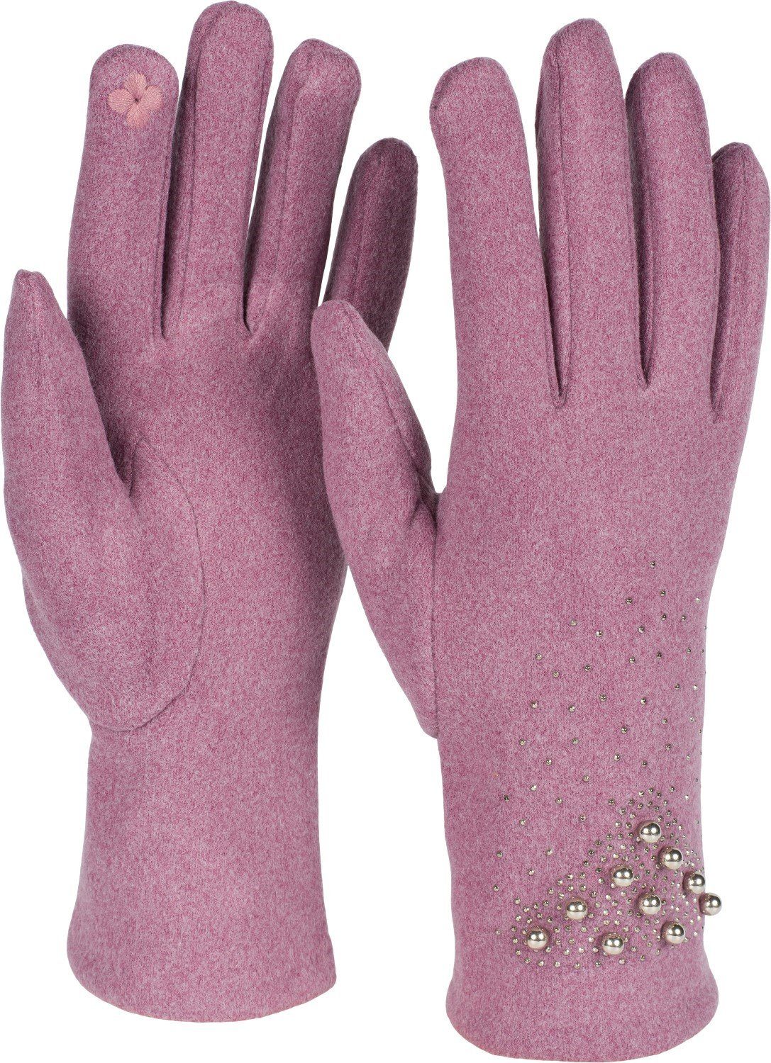 styleBREAKER Fleecehandschuhe Touchscreen Handschuhe mit Strass und Perlen Mauve