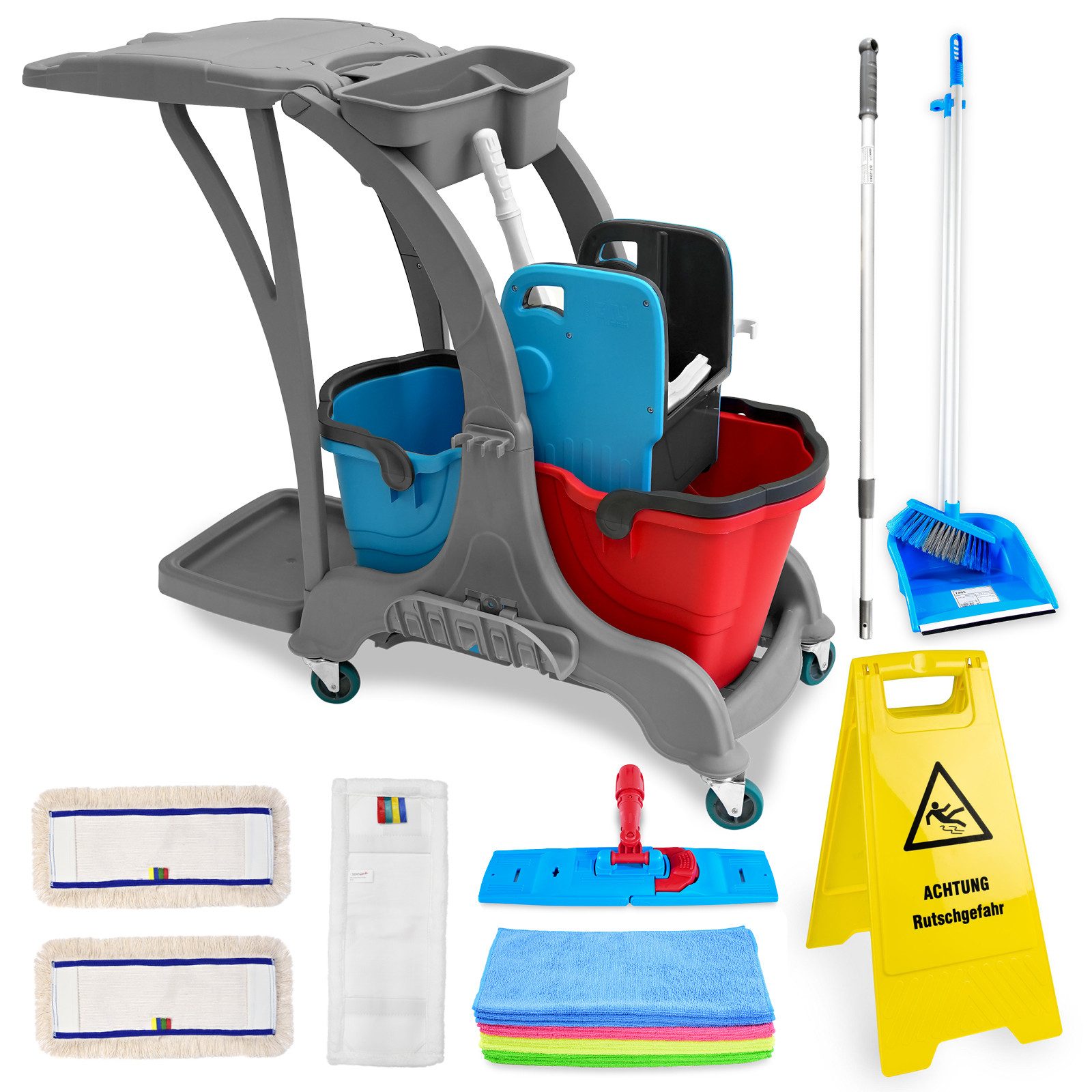 Hypafol Putzwagen HY-2004, (SET, Eimer,Müllsackhalterung,MoppPresse,Möppe,Mikrofasertücher,Kehrgarnitur)