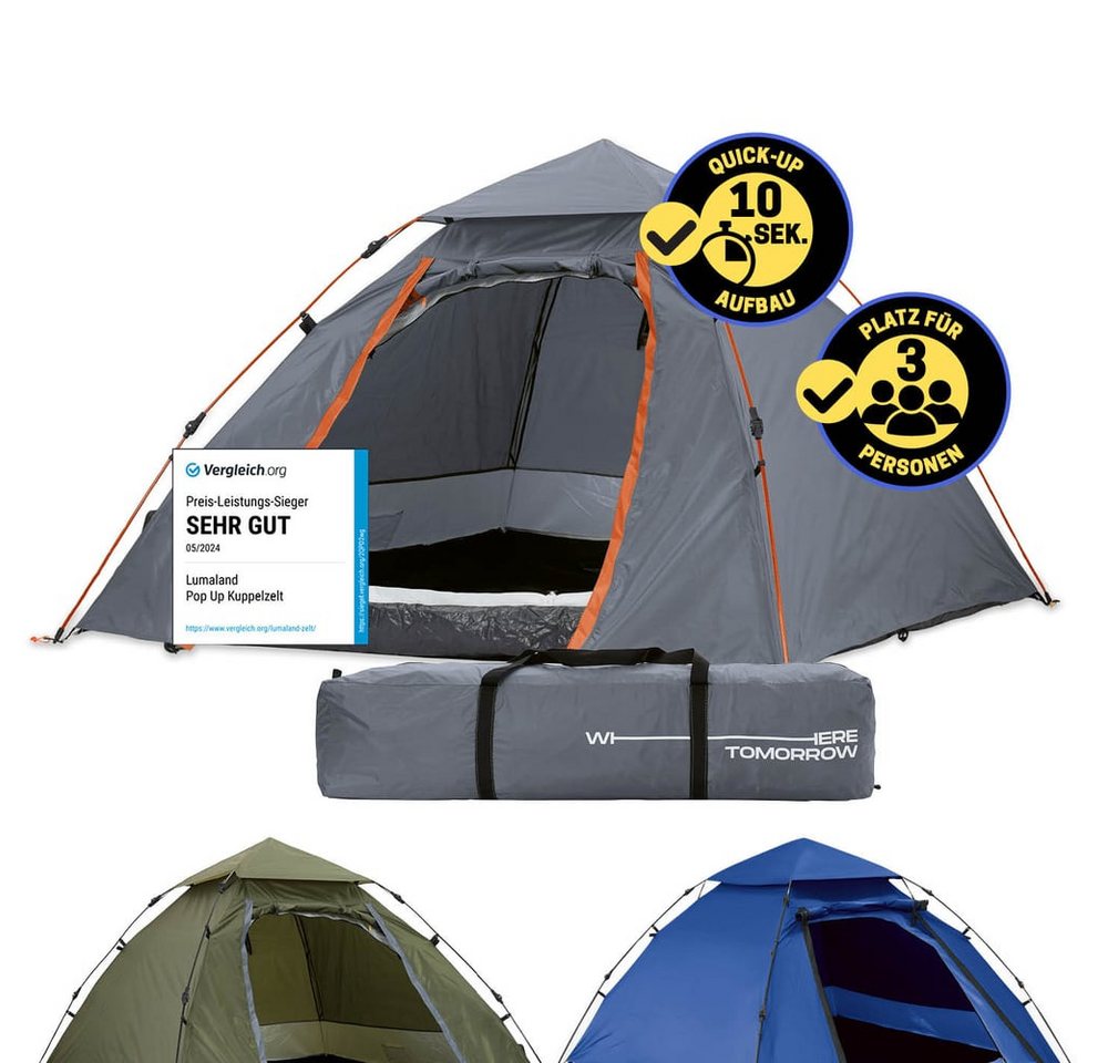 Lumaland Kuppelzelt Pop Up in 10 Sekunden aufgebaut, Wurfzelt Camping Festival 215x195x120cm robust wasserfest