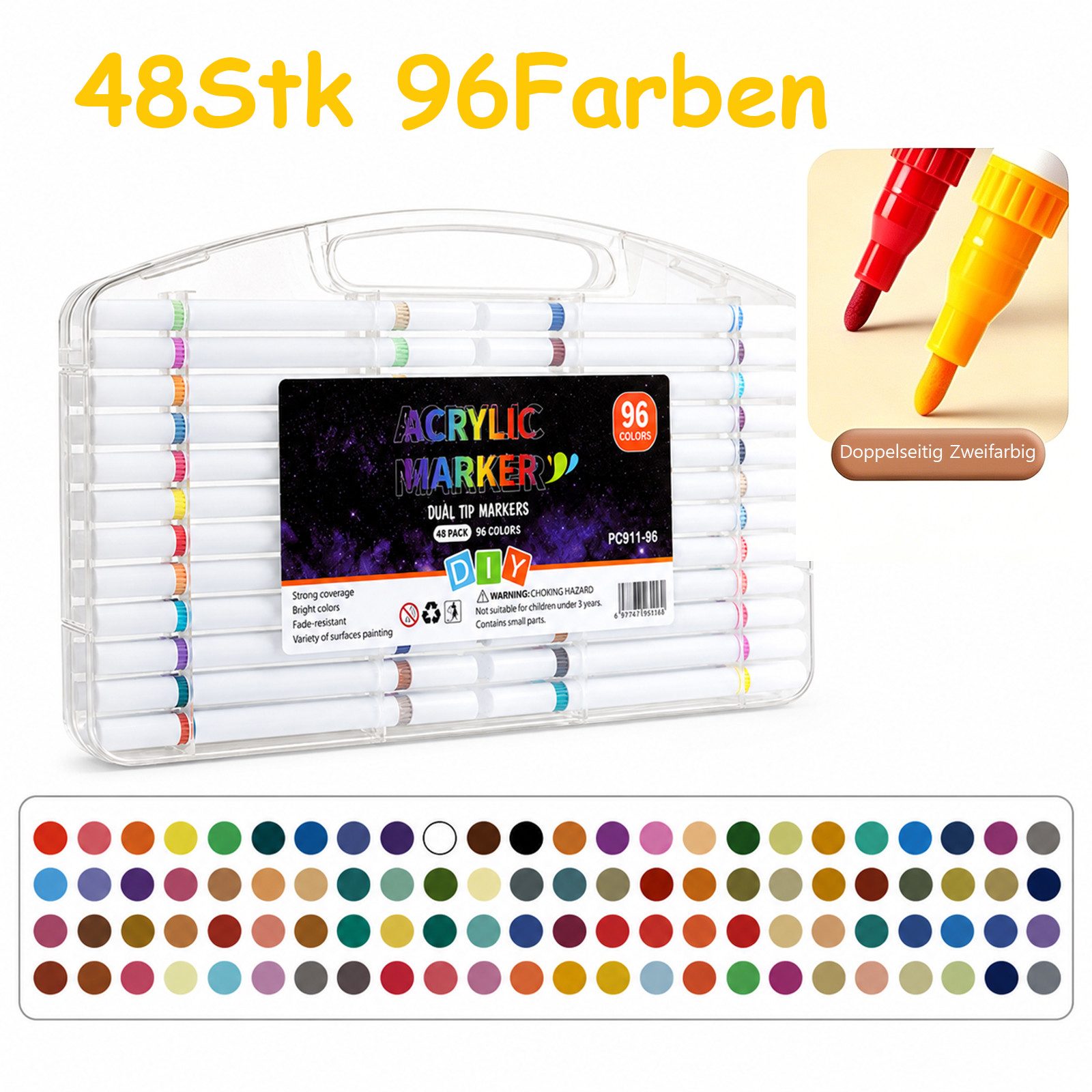 MOPUEA Lackmarker Acrylmarker Set 96 Farben DIY Marker Set Doppelspitzen Schnelltrocken, (Acrylmarker Set mit 96 Farben und Aufbewahrungsbox, 48-tlg., 96 Farben für DIY Basteln Zeichnen und Handlettering), Schnelltrocknend geruchsarm und sofort einsatzber