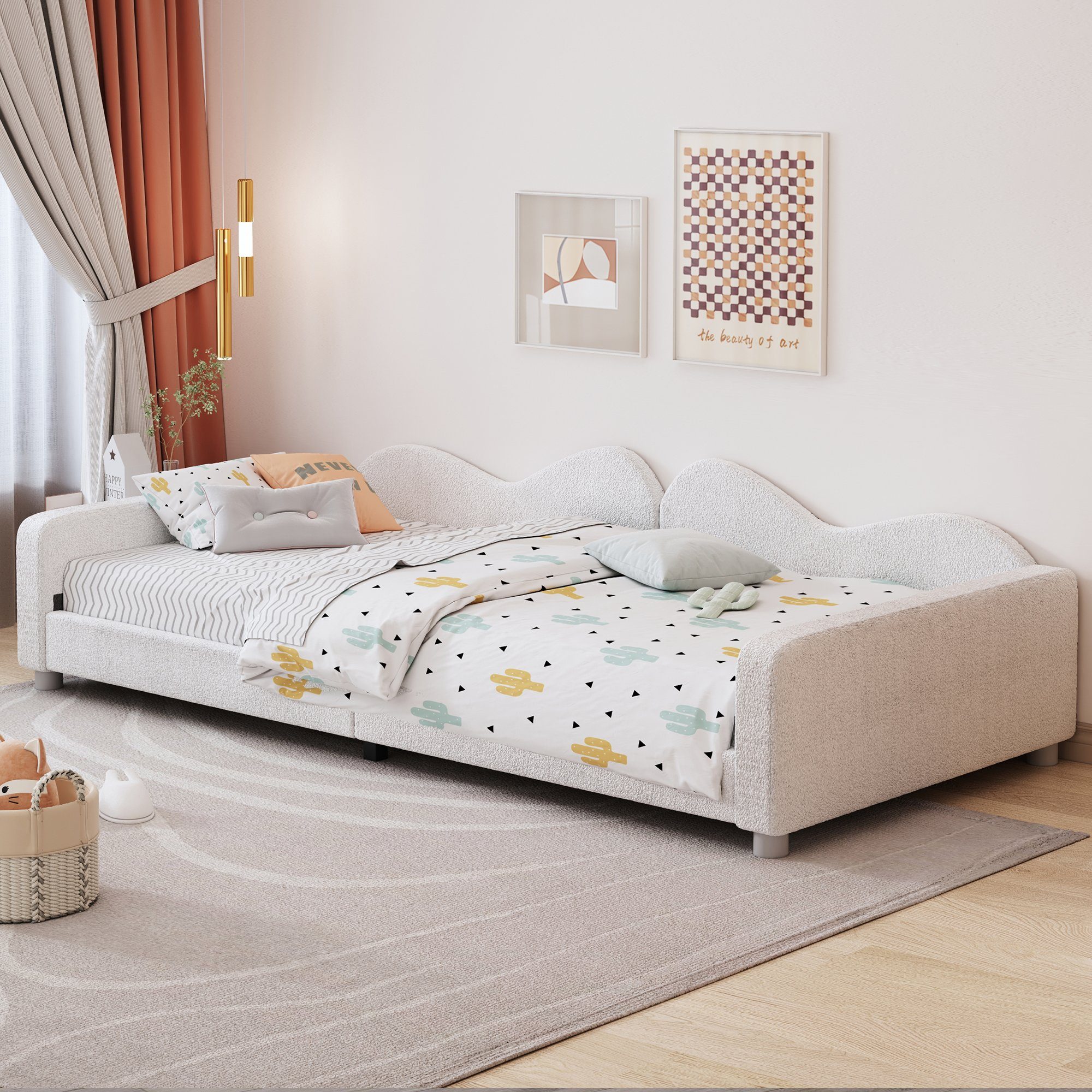 und Kinderbett cm), WISHDOR Teddystoff Matratze Armlehnen mit Bett (Bettgestell Rückenlehne Multifunktionales ohne Gästebett, Polsterbett, 90x200 weiches weiß Schlafsofa