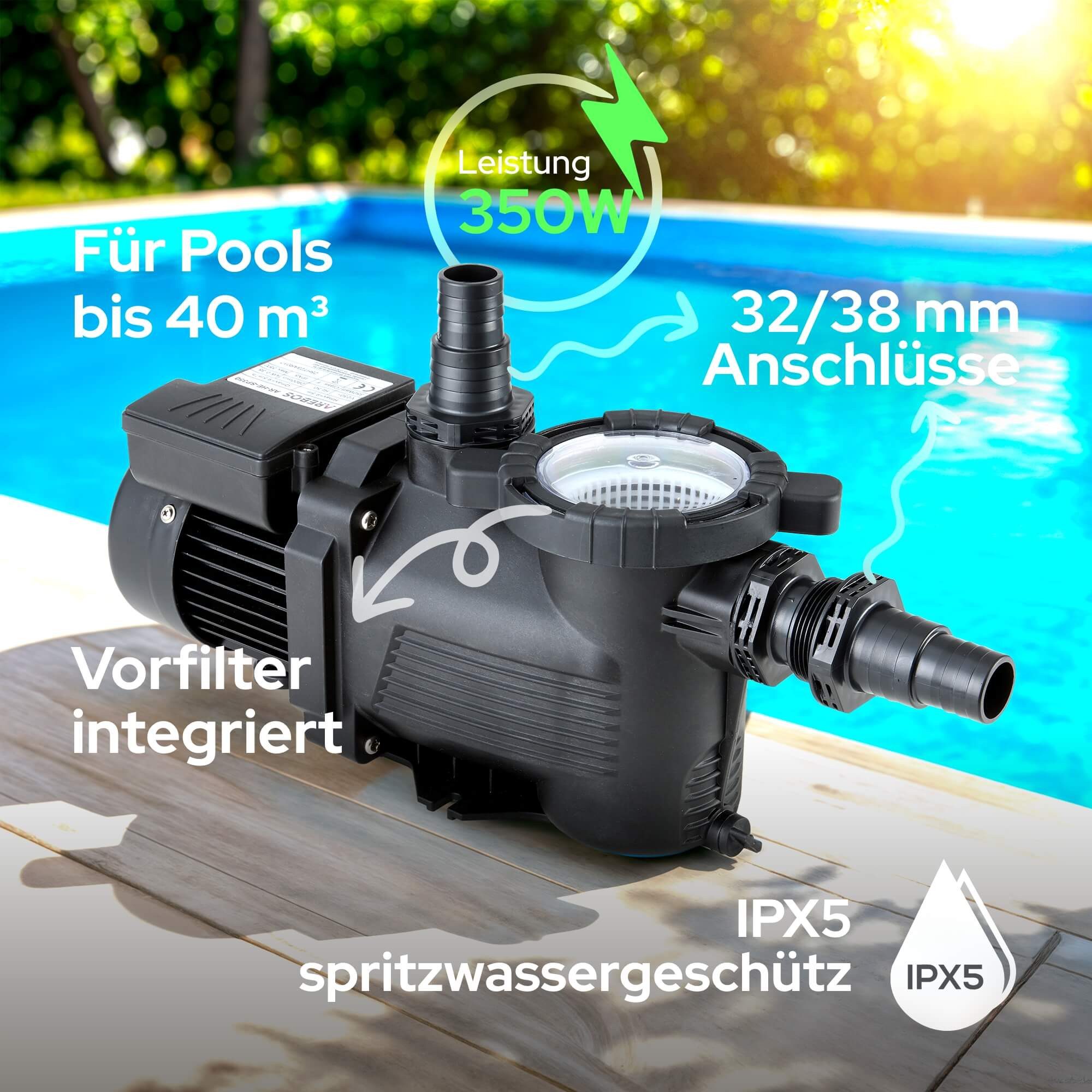 Arebos Teichpumpe Schwimmbadpumpe 350W, Filterpumpe mit Vorfilter & 9500 l/h, für Süß-& Salzwasserpools geeignet, Geeignet für Beckengröße:bis 40m³ – Bild 4 von 5