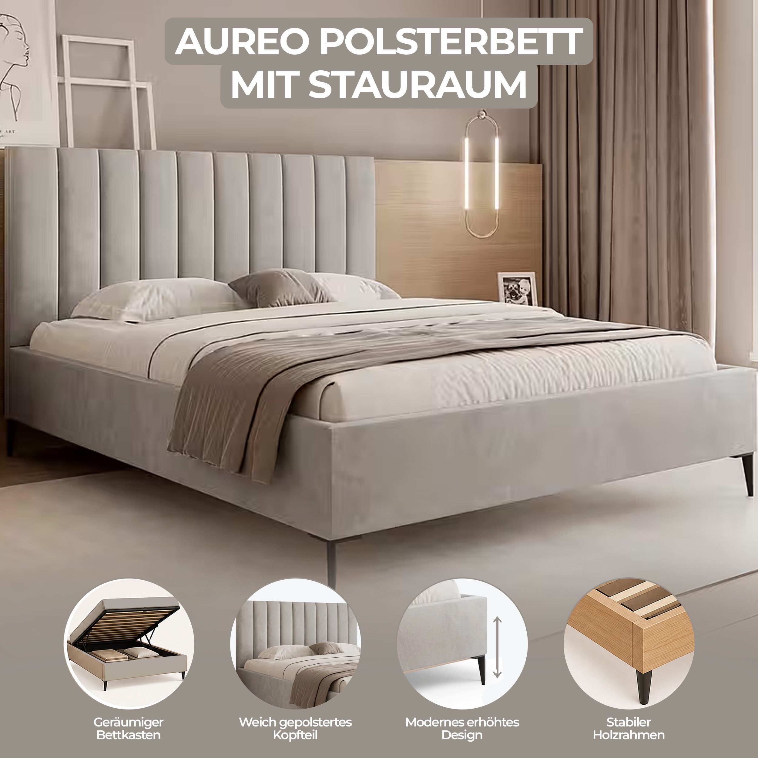 Goldstoff Polsterbett Elegantes Bett "AUREO" mit hohem Kopfteil & Stauraum für Schlafzimmer (120–200x200 cm, Kopfteilhöhe: 90/110 cm, Seitenhöhe: 25/40 cm), Mod – Bild 2 von 5