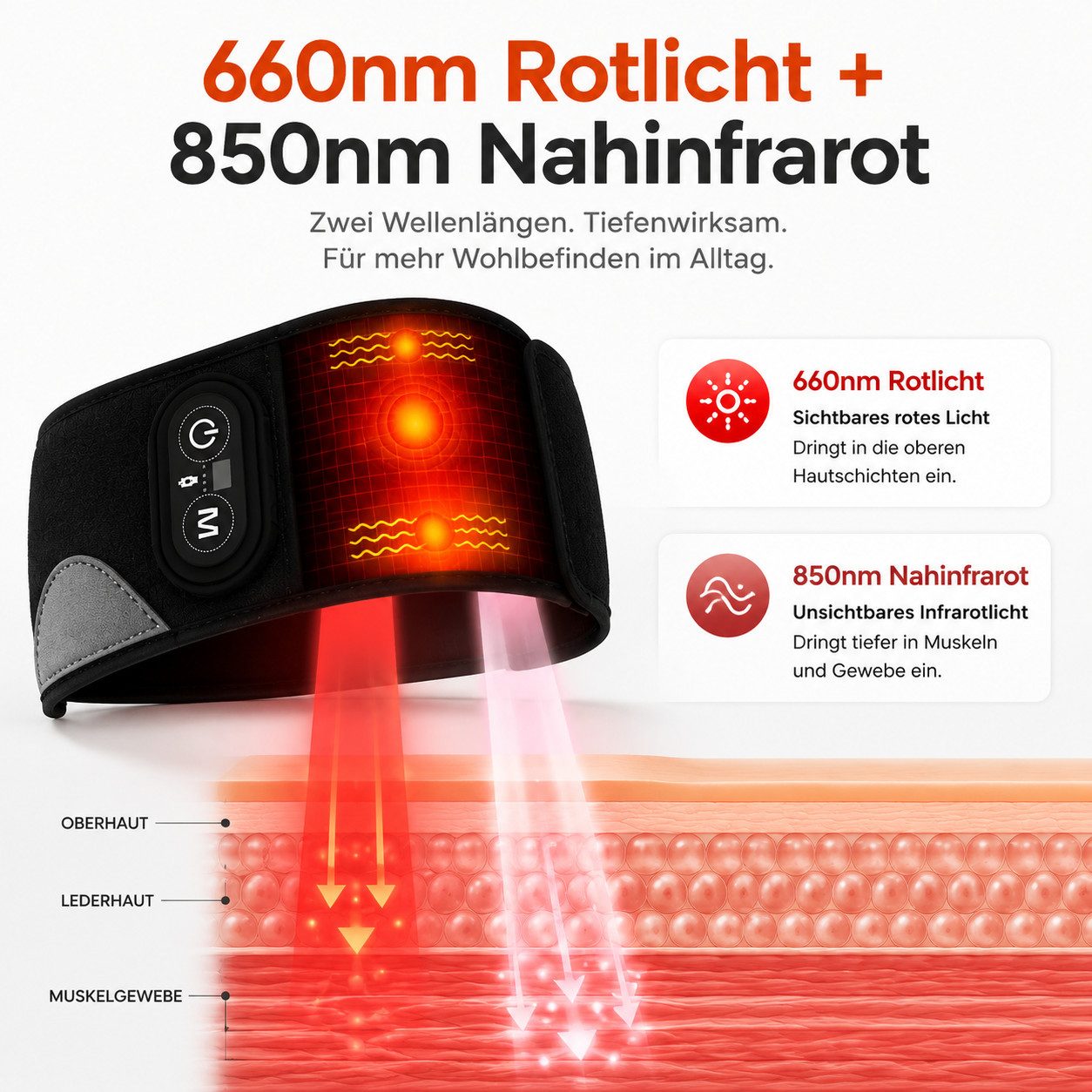 Toomoke Massagegerät fürs Handgelenk, Rotlichtband mit Wärme und Vibration, Infrarotband für Knie, Unterarm und Knöchel, kabellos, 48 LEDs, 660/850 nm, 4 Modi,  – Bild 5 von 5