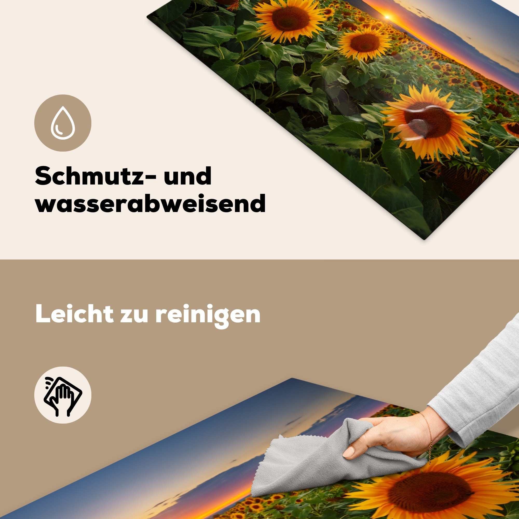 - Nacht - cm, 81x52 Herdblende-/Abdeckplatte (1 MuchoWow Sonnenblume Induktionskochfeld - Ceranfeldabdeckung für Schutz die Blumen Vinyl, tlg), Sonnenuntergang - küche, Horizont,