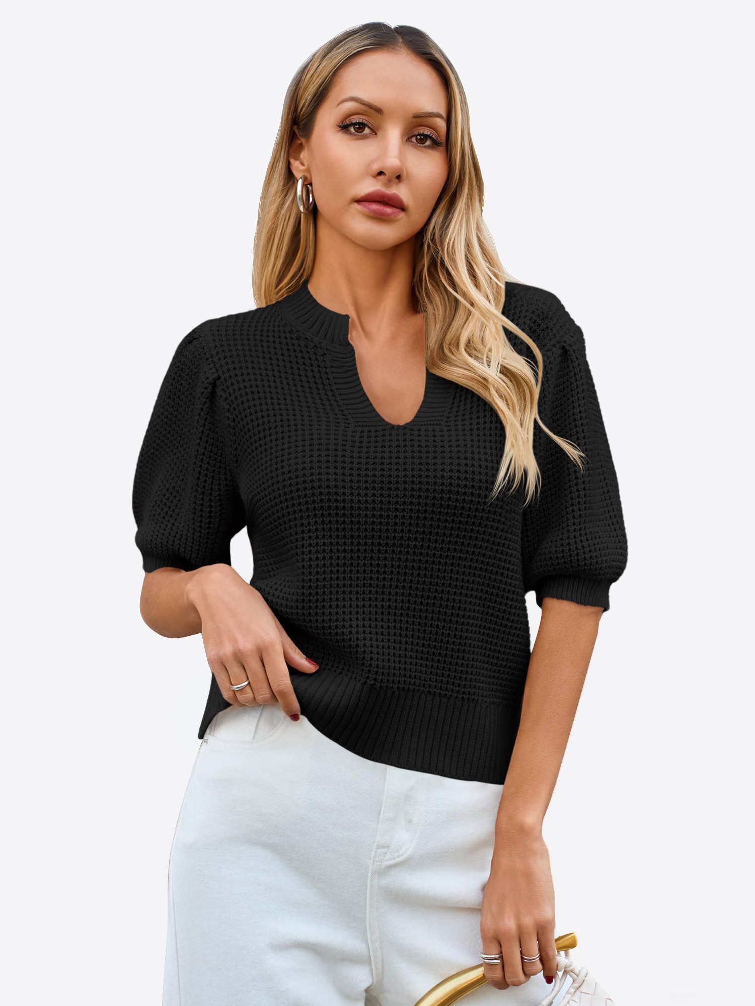 Imily Bela Kurzarmpullover Damen Waffelstrickpullover mit Puffärmeln (Packung, 1-tlg., 1per-Pack) mit V-Ausschnitt