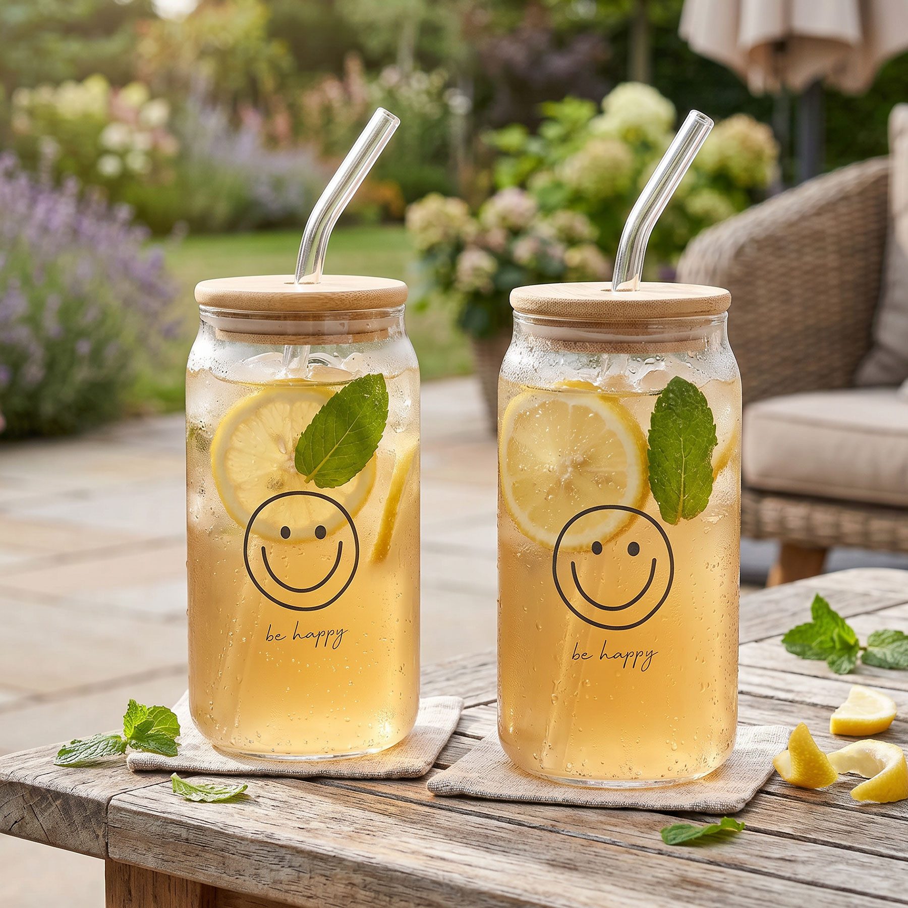 Levandeo® Glas, 2er Set Glas Deckel Strohhalm 500ml Be Happy Smiley Bambusholz