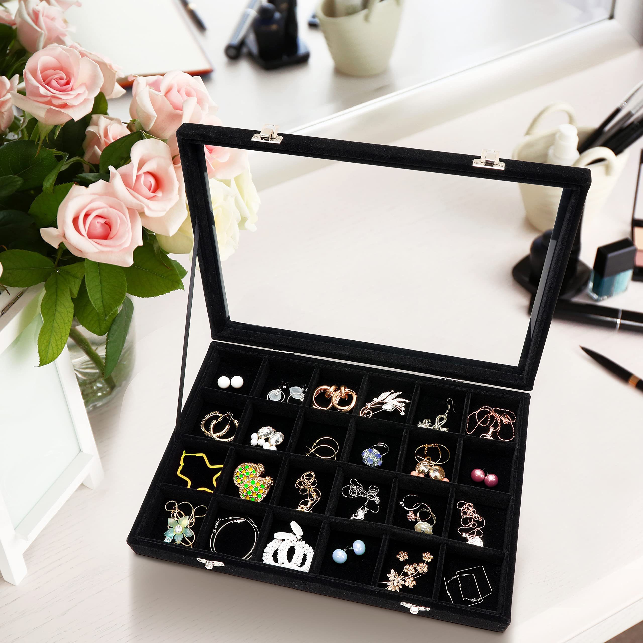 Belle Vous Schmuckständer - Schmuckaufbewahrungsbox Stackable Large Box aus schwarzem Jewelry Black Velvet Organizer Samt, Große stapelbare