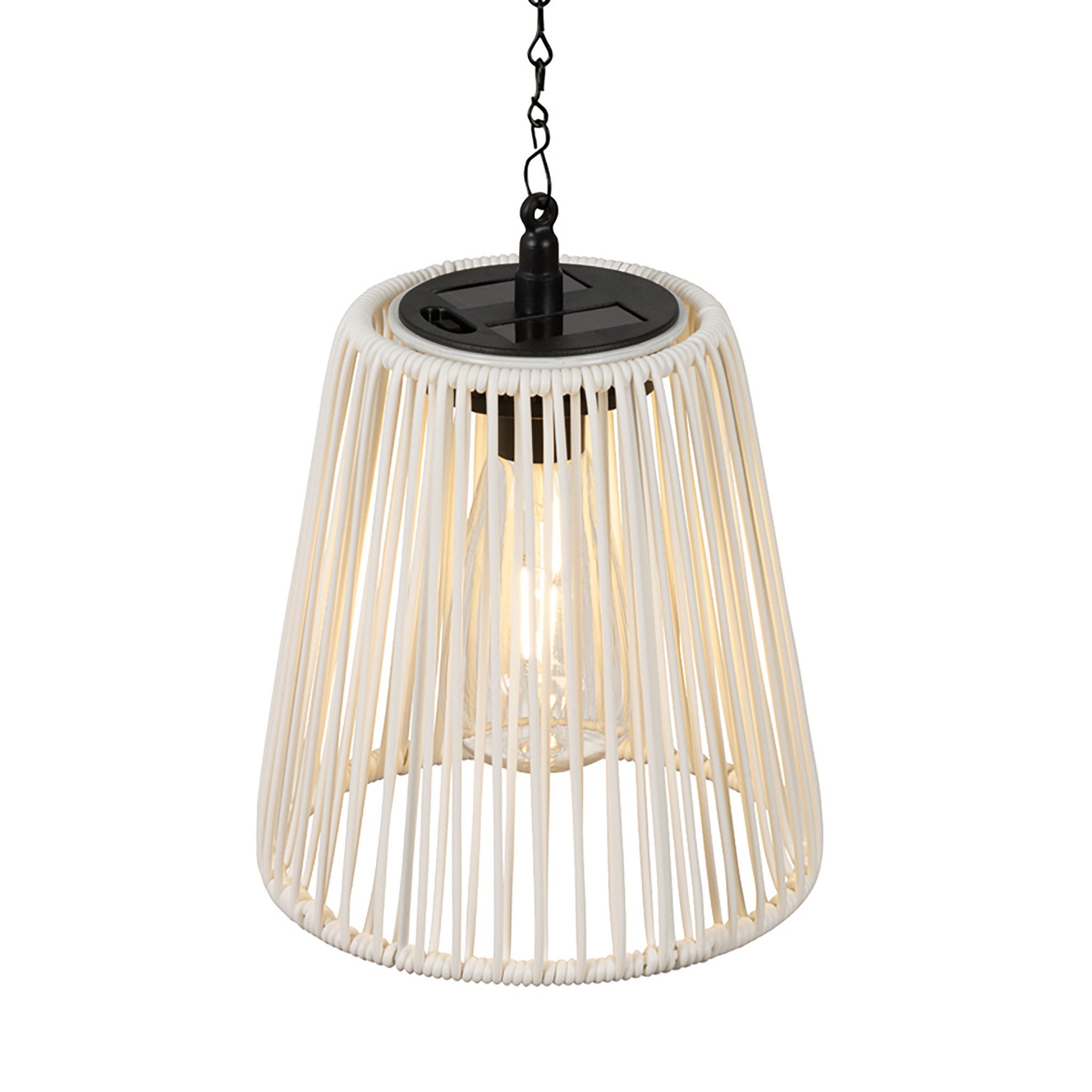 Lumineo LED Solarleuchte, Dauerlicht, warmweiß, Solar LED Pendelleuchte Outdoor 17,5cm Rattan-Optik Weiß / Warmweiß