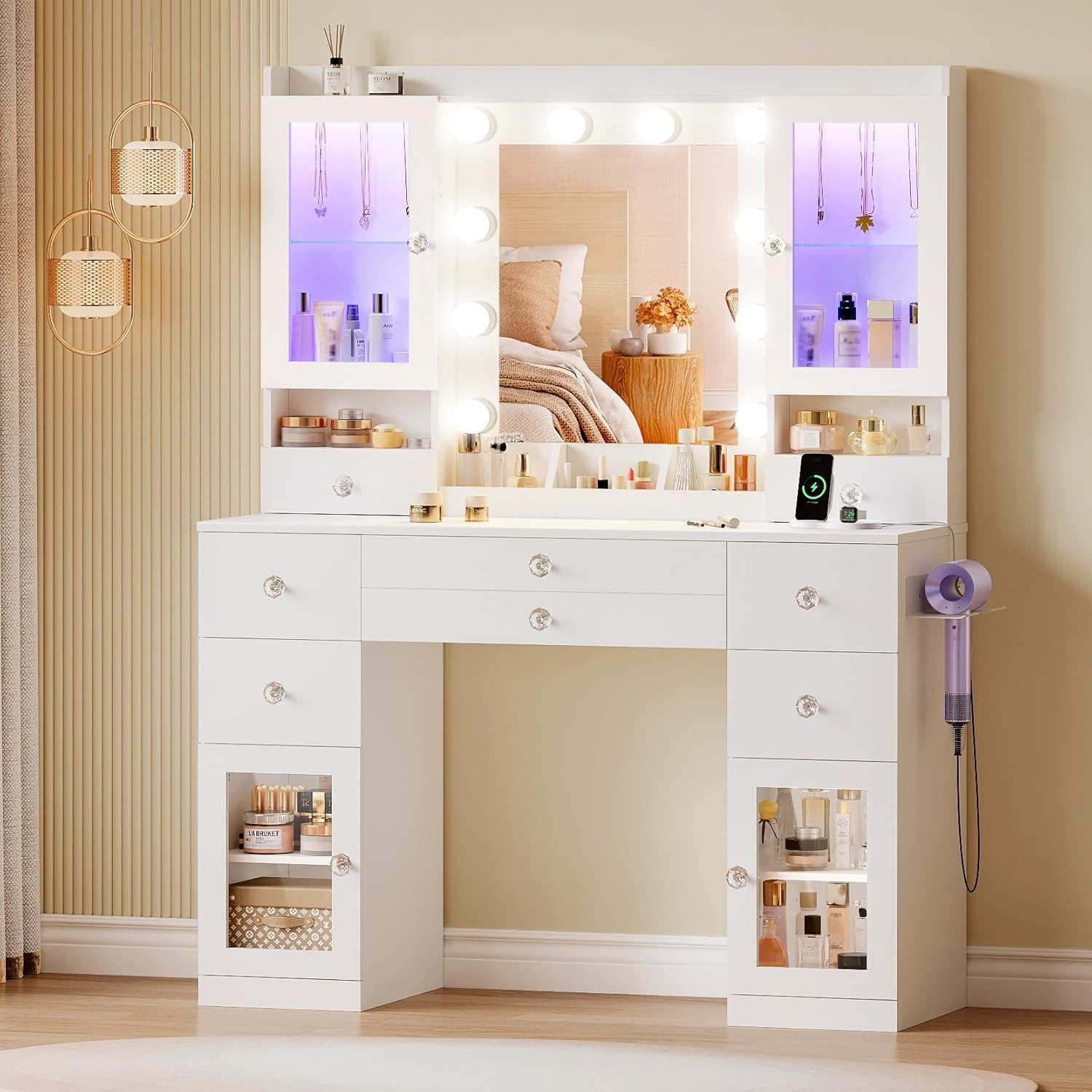 Dripex Schminktisch Großer Schminktisch mit Beleuchtung Steckdosen und Spie günstig online kaufen