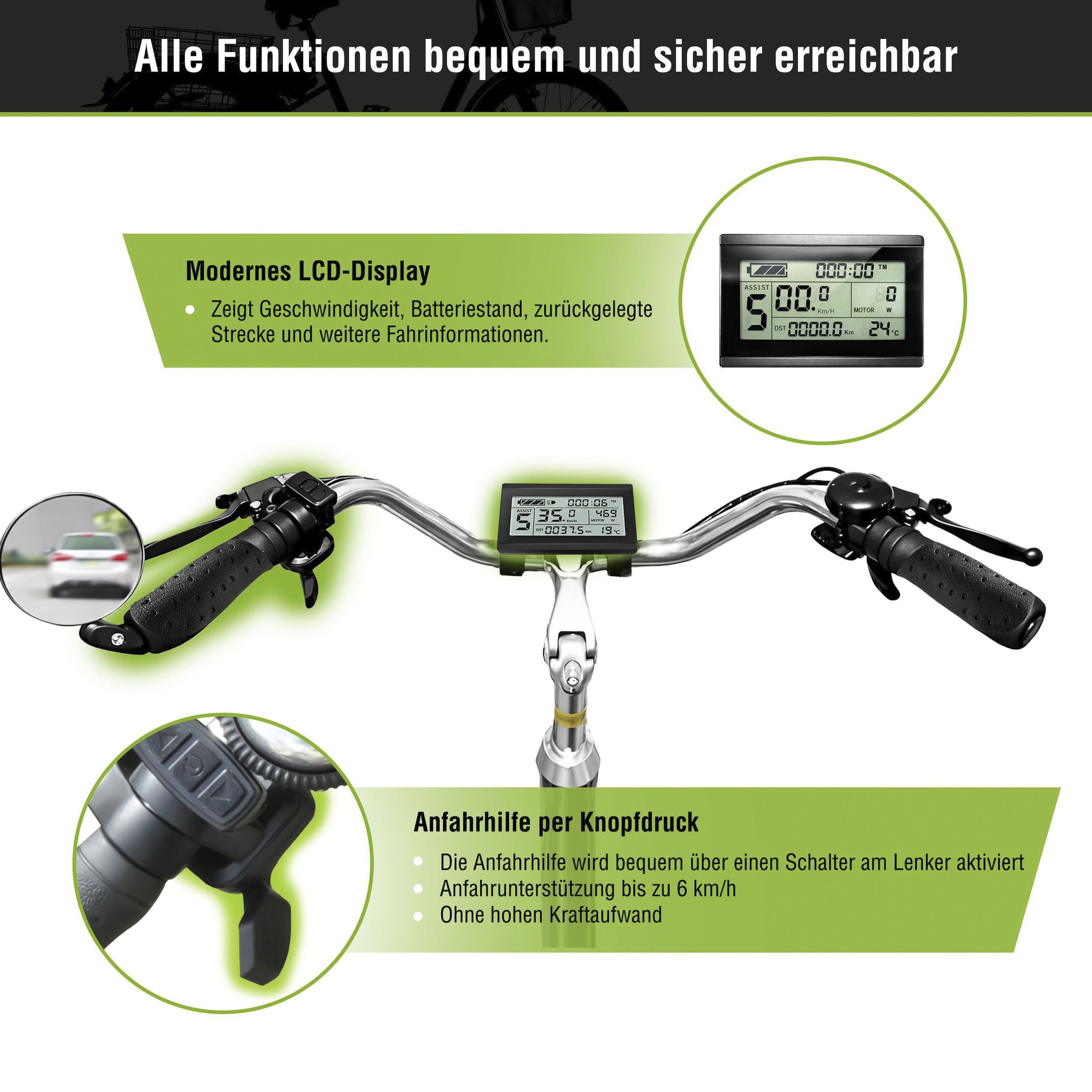 SachsenRAD E-Bike Lastenrad T3A mit Alarmanlage, 7 Gang Shimano Shimano 7-Gang-Kettenschaltung Schaltwerk, Kettenschaltung, Frontmotor, 470 Wh, (LED-Frontlicht, Alarmrücklicht mit Bremslicht, Ledersattel, 3-Räder), Lastenkorb, Lenkerkorb, LCD-Steuer- display, Fahrmodus Pedelec