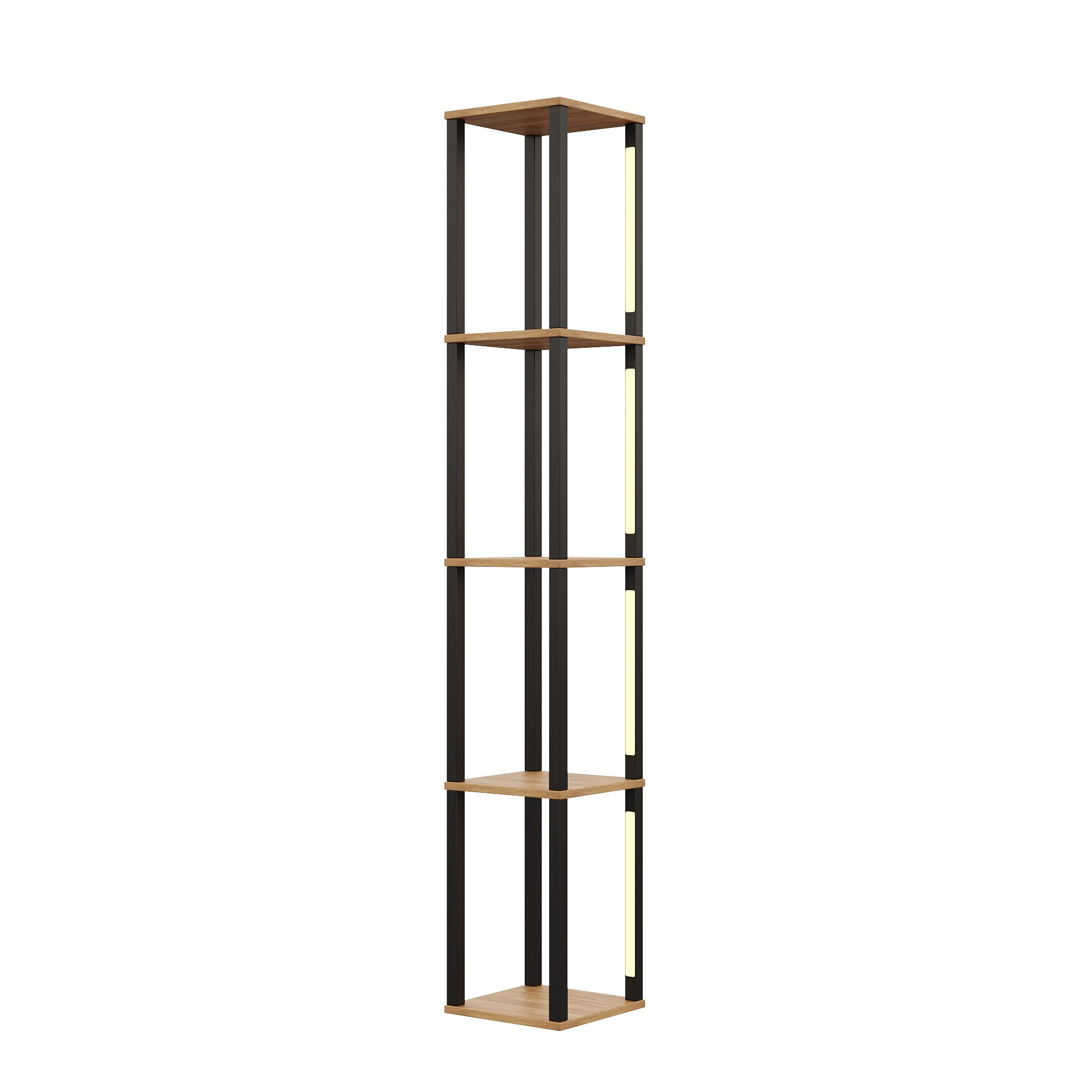 Flieks Bücherregal Standregal mit einstellbare LED-Beleuchtung, 4 Ebenen Eckregal, 1-tlg., Mehrzweckregal Lagerregal aus MDF, 4 Fächern, Naturholzfarbe&Schwarz