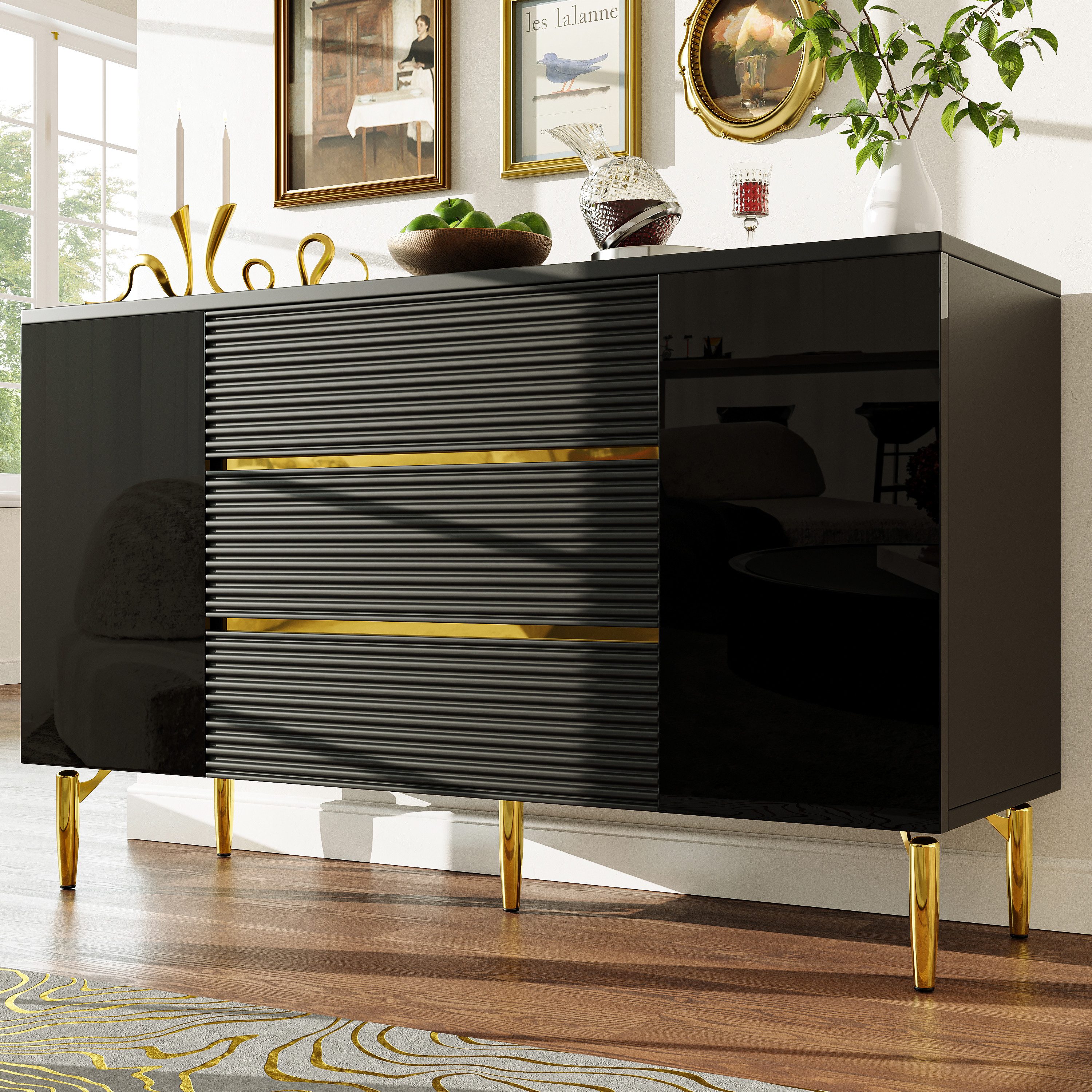 TavilaEcon Sideboard Schwarzer Esszimmerschrank mit kariertem günstig online kaufen